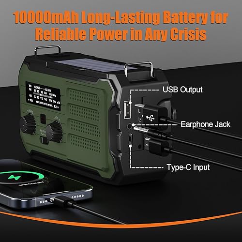 Miniatura 5 de Radio de emergencia con manivela solar, 10000 mAh37000 mWh, radio meteorológica de emergencia, radios solares de manivela con NOAAAMFM, cargador de