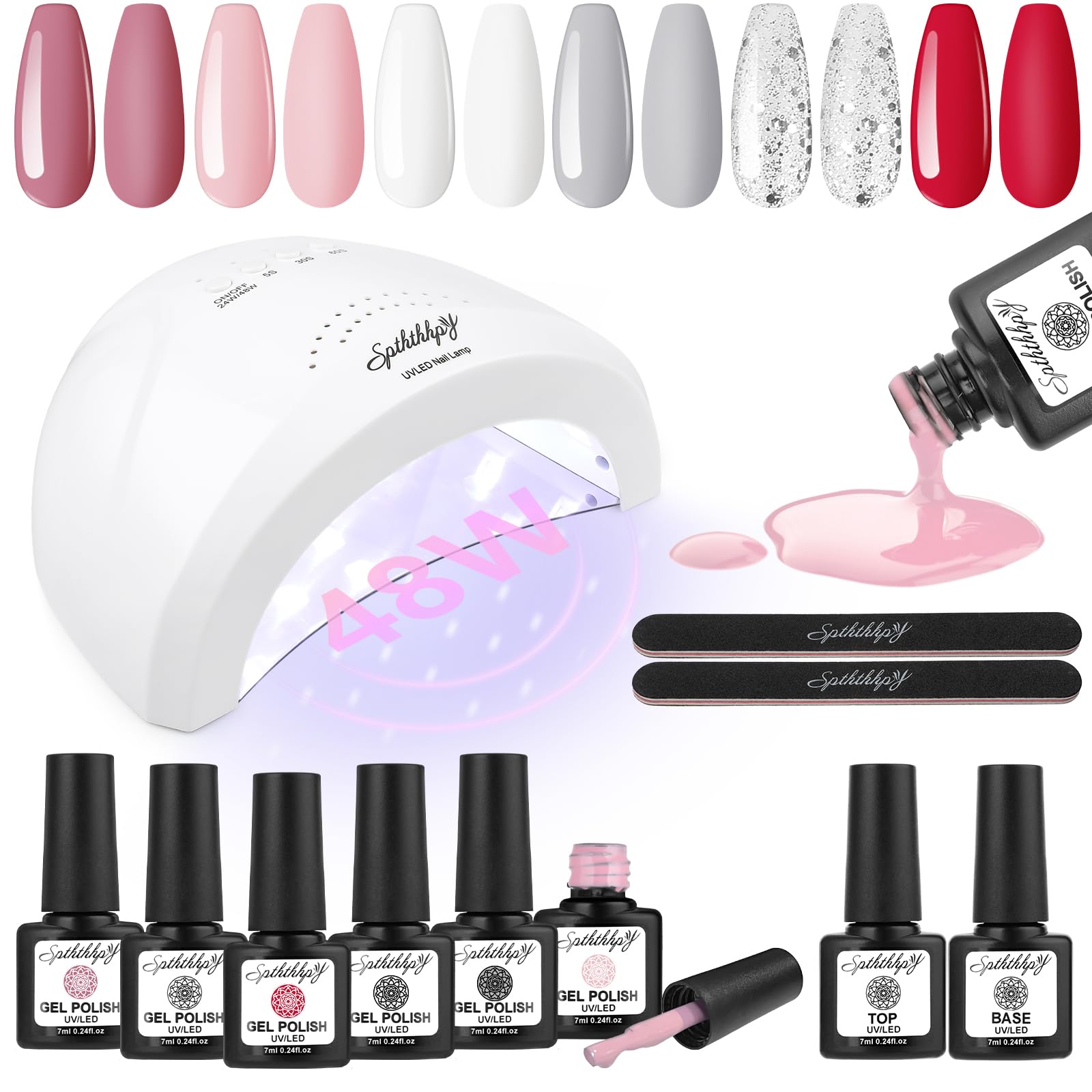 SPTHTHHPY 11Pcs Gel Nail Polish Kit with 48W UV Light - 6 Colors White Pink Nude Gel Polish with Base Gel Top Coat - Manicure Art Kit for Starter, DIY Salon Gift