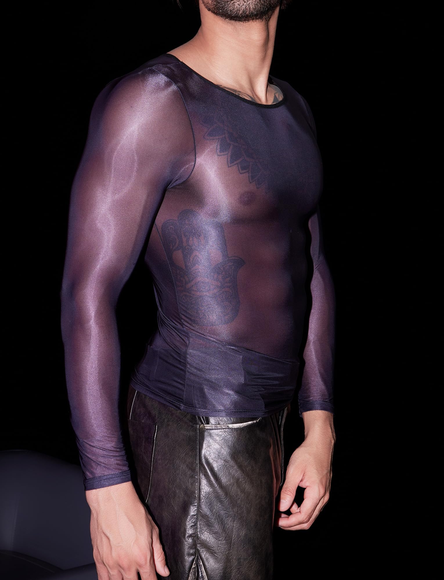 AIEOE Haut Transparent Homme T-Shirt Sexy en Maille Manches Longues sous-vêtement Respirant Clubwear Taille Unique S-M