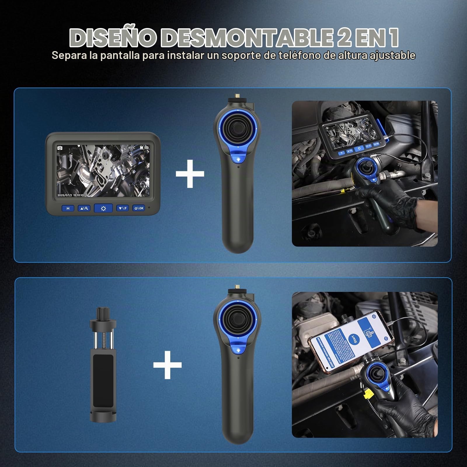 2-IN-1 Endoscopio, 𝟏𝟎𝟖𝟎𝐏 𝐈𝐏𝟔𝟕 𝟔 𝐋𝐄𝐃 Cámara de Inspección Borescopio 360° 4 Vías, 6,2 mm Sonda Delgada, 5 Pulgadas HD – Reparación de Coches, Mantenimiento HVAC