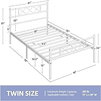 Vista 2 de Topeakmart Base de cama individual blanca, plataforma de metal con cabecera y estribo, base de colchón, no necesita somier, con almacenamiento Blanco