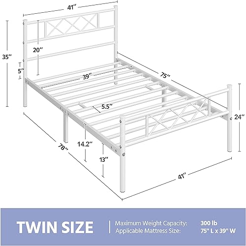 Miniatura 2 de Topeakmart Base de cama individual blanca, plataforma de metal con cabecera y estribo, base de colchón, no necesita somier, con almacenamiento