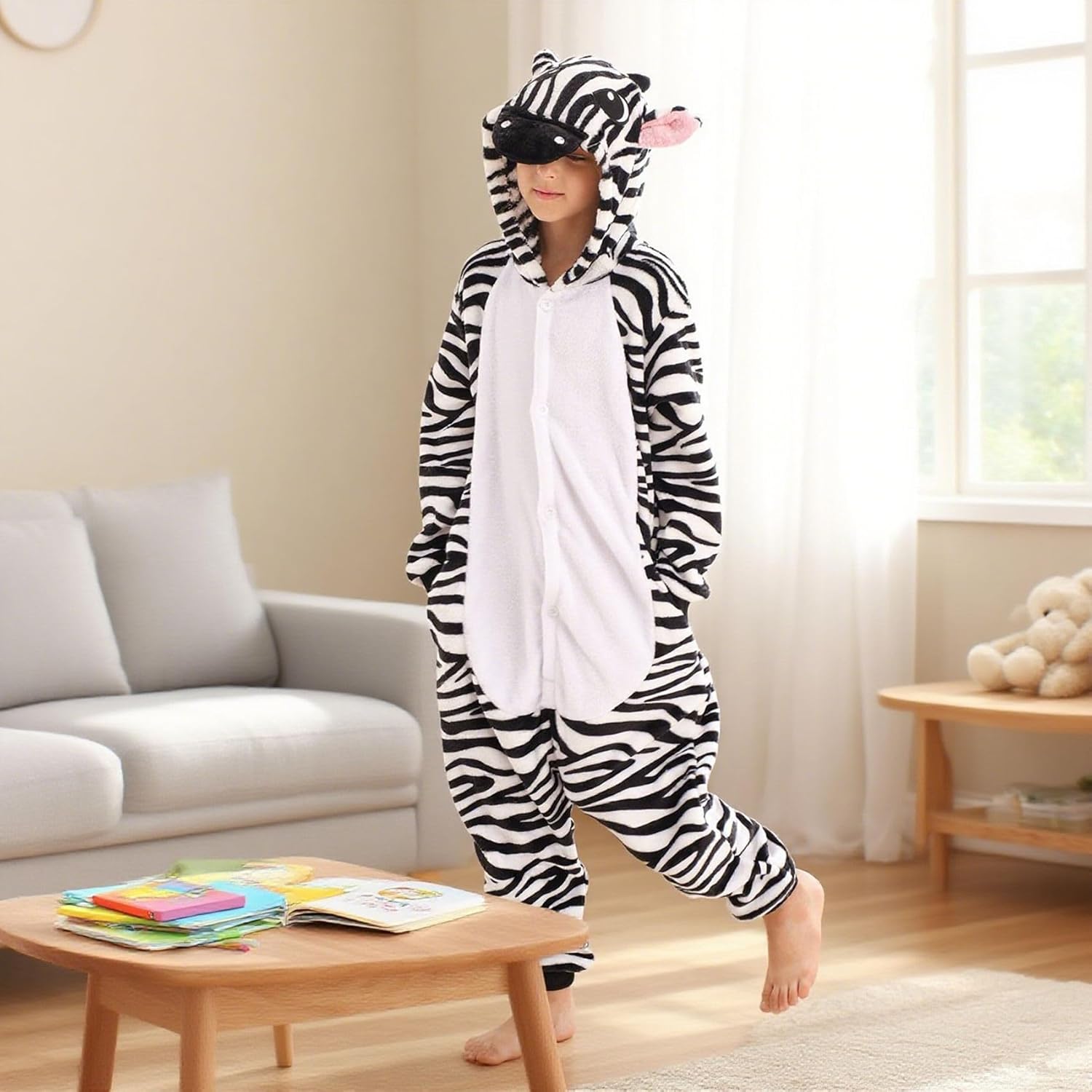 Animal Onesie Costumes for Kids Adults Cosplay Halloween for Boys Girls Womens Warm Plush One Piece Zebra