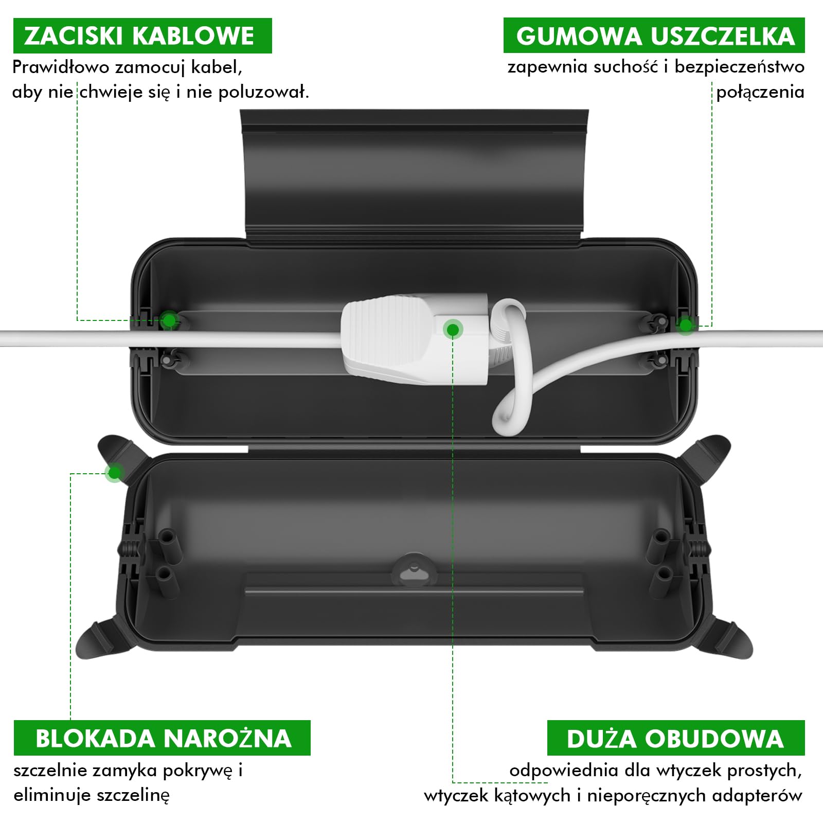 RESTMO IP44 wodoodporna skrzynka na kable do użytku na zewnątrz (Outdoor), odporna na warunki atmosferyczne, duża skrzynka ochronna na przedłużacze, wtyczka Schuko, narzędzia elektryczne, 290 mm x 110