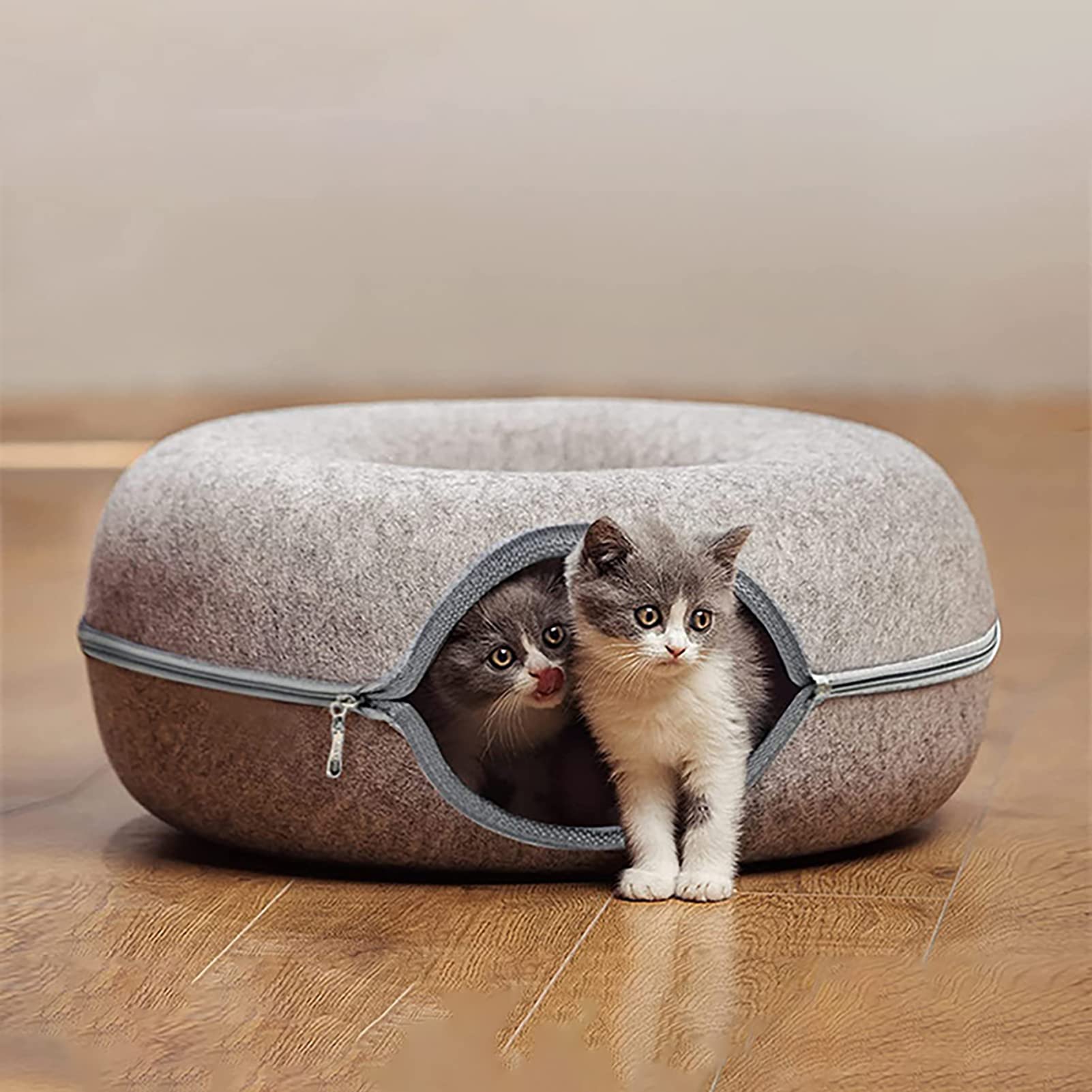 Katzentunnelbett, Katzentunnel für Indoor-Katzen, kratzfestes, abnehmbares, rundes Filz-Katzenrohr-Spielspielzeug mit Guckloch, und waschbares großes Donut-Katzenbett für kleine Haustiere, Kaninchen,