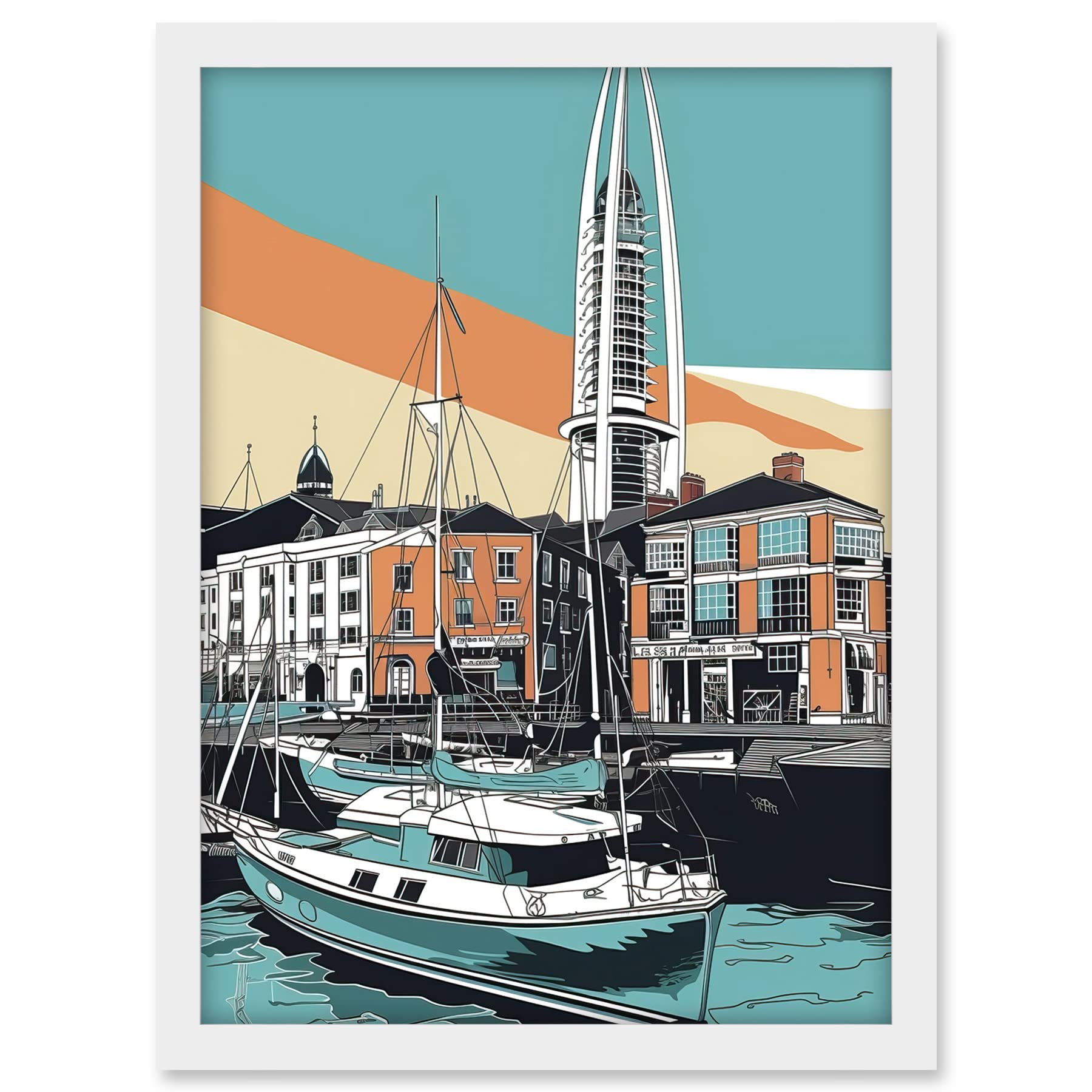 Artery8 Portsmouth Historic Dockyard Modern Linocut Style Artwork Framed A3 Wall Art Print