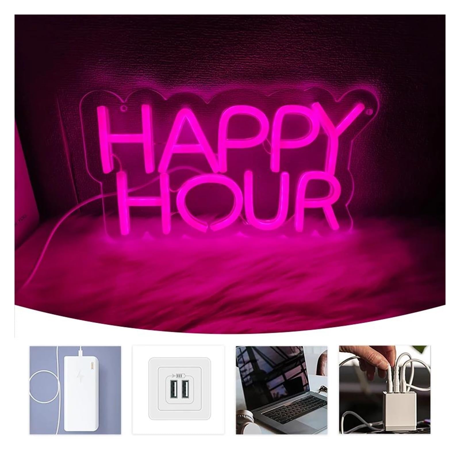 Luz de Diseño de Digital Luz LED Con Letras De Neón Happy Hour Alimentada Por USB Regulable Para El Hogar Bar Celebración De Cumpleaños Fiesta, Decoración Artística 28cmx16cm
