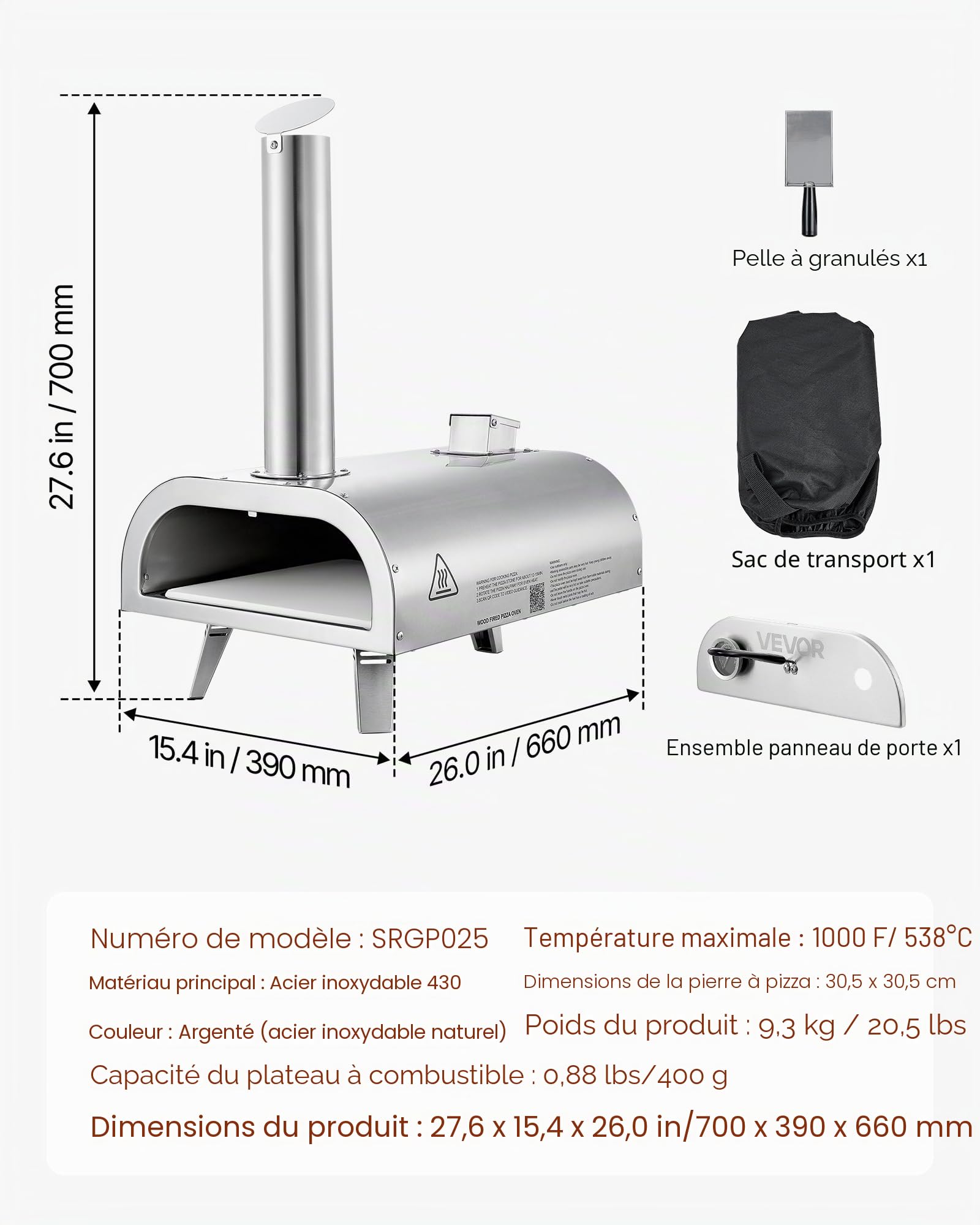 VEVOR Four à Pizza d’Extérieur 12 pouces 305 mm, Four à Granulés de Bois Portable, en Acier Inoxydable, avec Thermomètre Intégré, Pelle et Sac de Transport, pour Réunion Camping Jardin Arrière-Cour