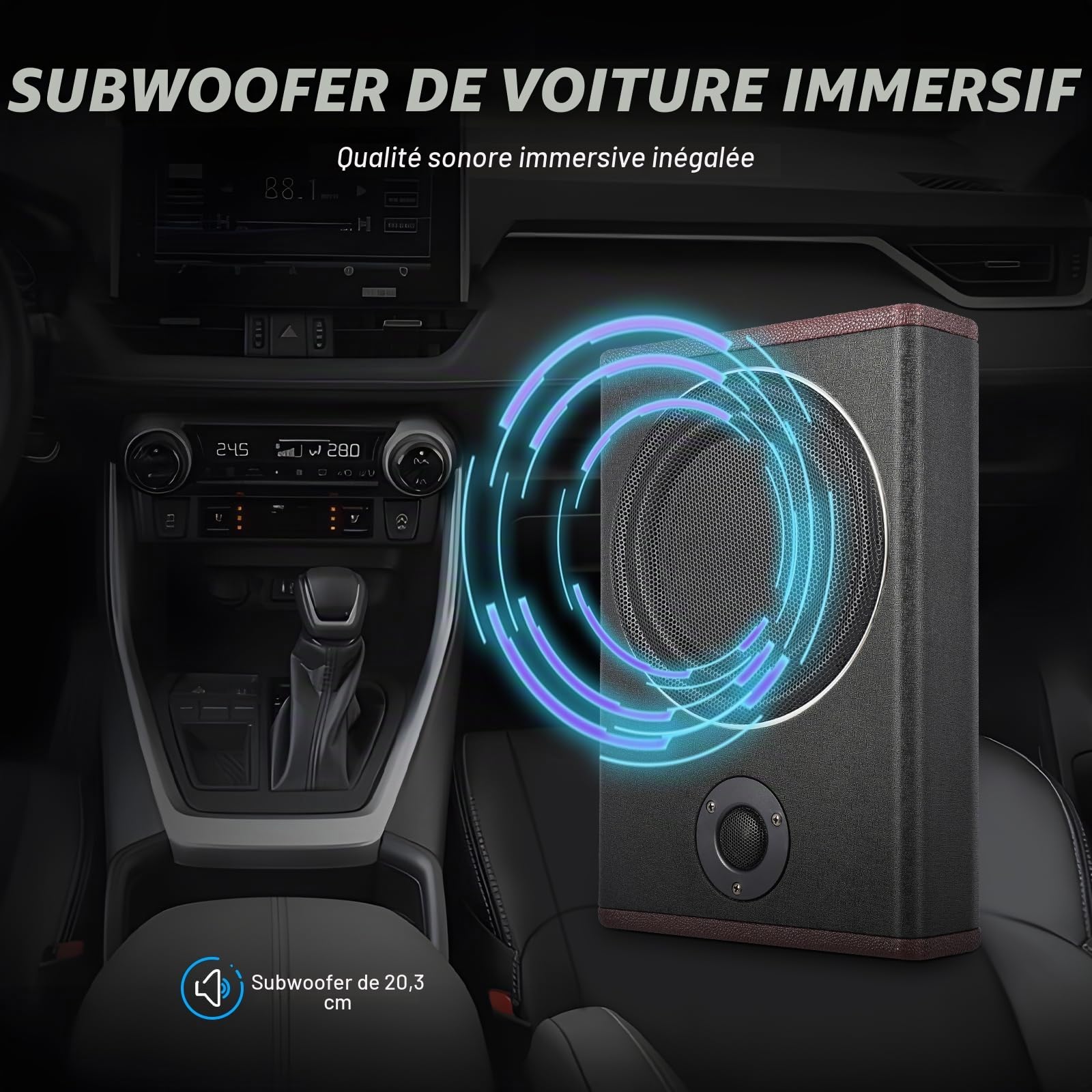 Caisson de basses actif pour voiture - 600 W - En bois et acier inoxydable robuste - Avec Bluetooth - Fréquence 40 Hz - 200 Hz - SNR 90 dB - Pour système audio d'autoradio