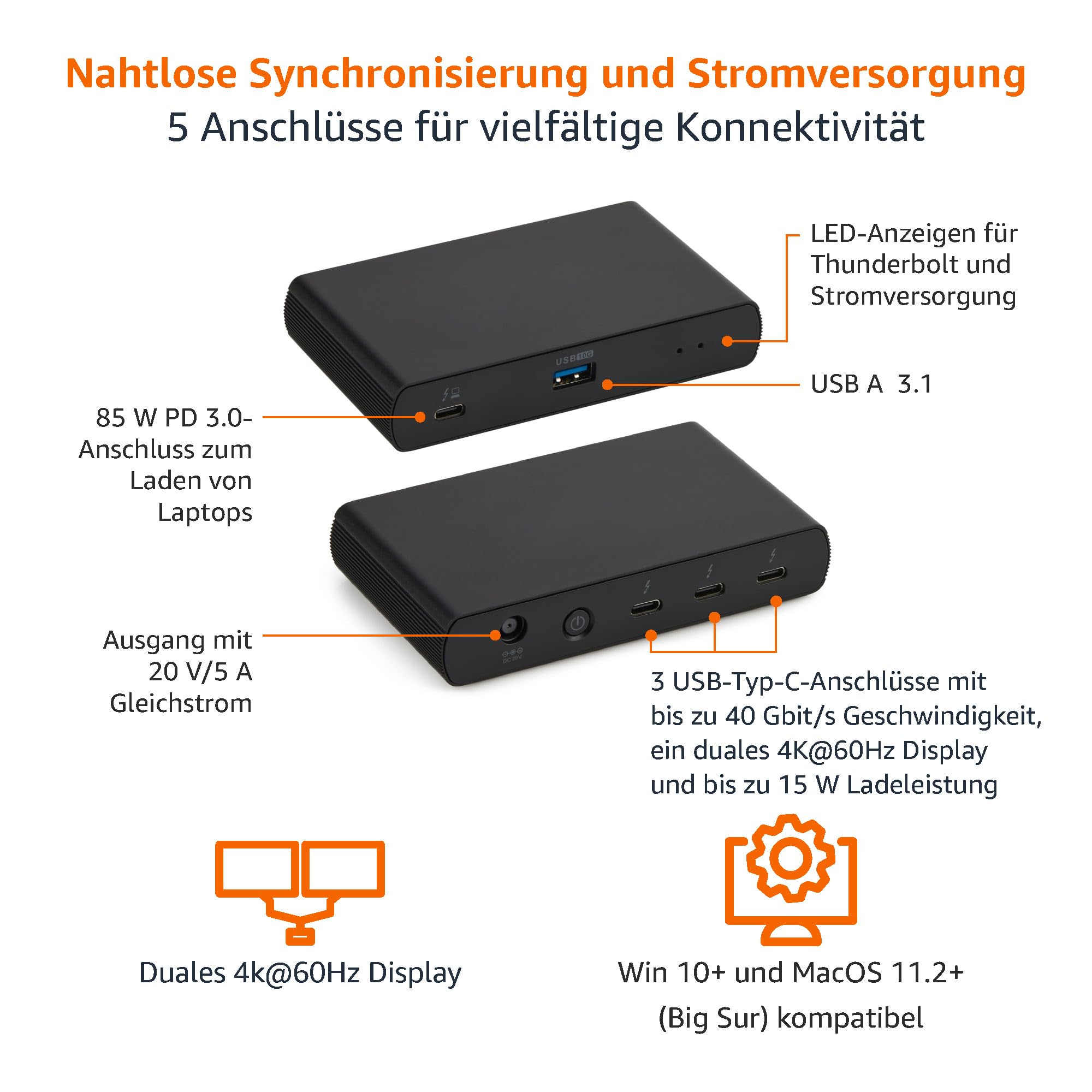 Amazon Basics Thunderbolt 4/USB 4-Dockingstation, 3 x Downstream TBT4 (Dual-Display), 1 x USB A 3.1, EU, Schwarz, 12,16 x 7,21 x 2,16 cm