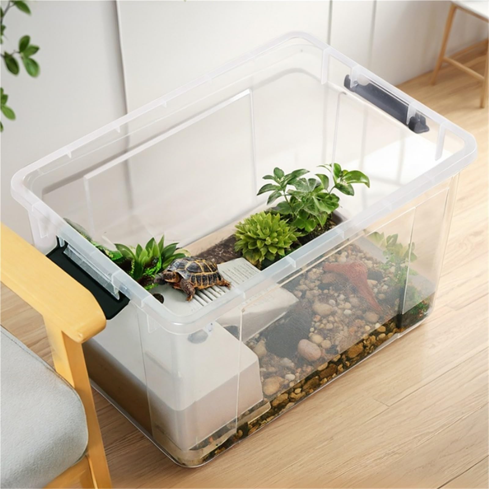 Siedlisko terrarium Pudełko obrotowe dla żółwi Zbiornik do karmienia Stół suszenia na słońcu, przezroczysta osłona taśmy Terrarium akwariowe(XS)