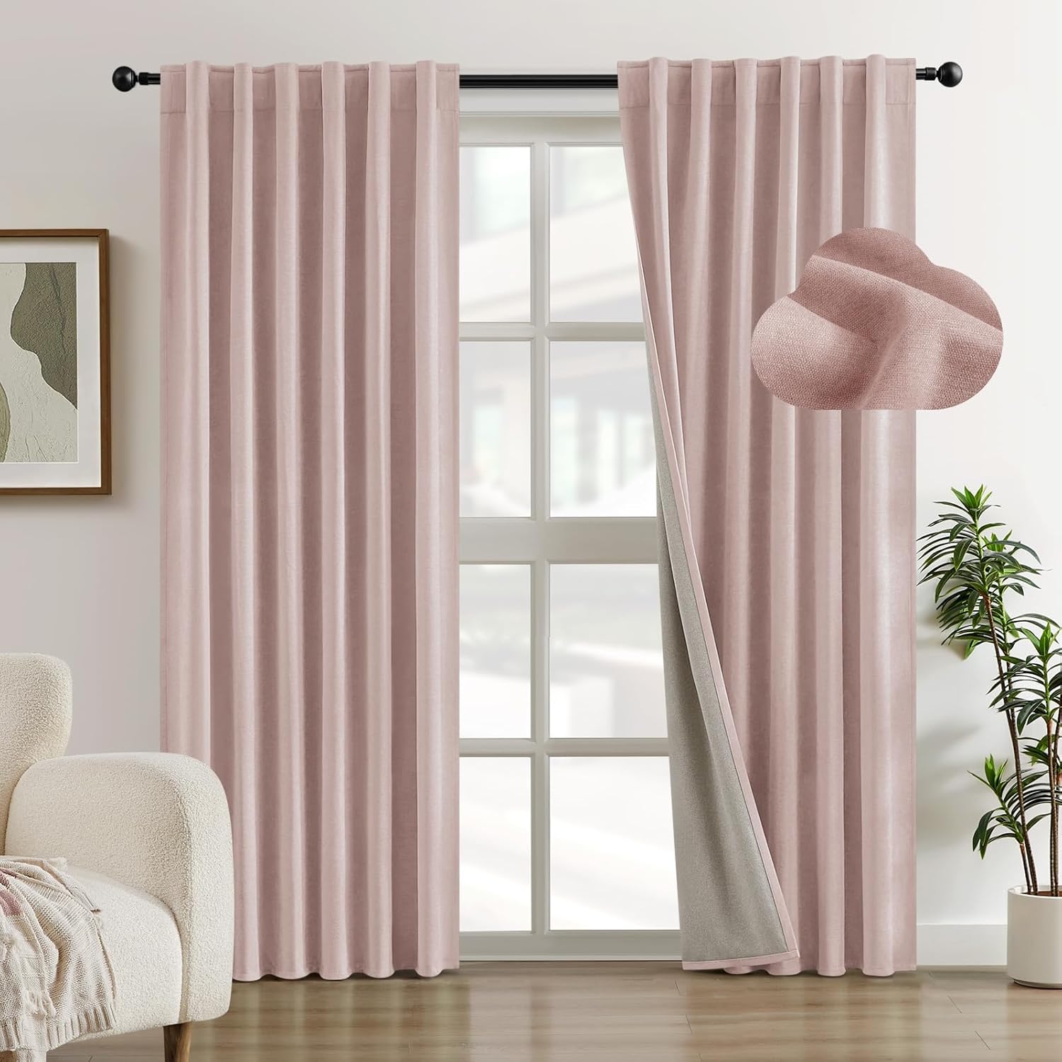 HOMEIDEAS 100% Chenille Blackout Girls Curtains for Bedroom Blush Pink Curtains 84 Inch Length 2 Panels for Living Room/Nursery Thermal Insulated Black Out Grommet Window Drapes, W52 x L84