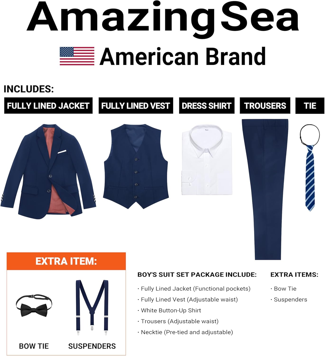 Boys Formal Suits Set, from Toddlers to Teen, Adjustable Waist, with Suspenders - Image 3