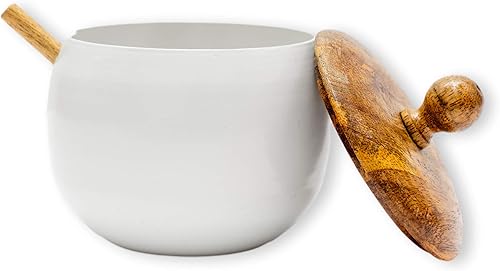 Miniatura 3 de GoCraft Azucarero con tapa de madera y cuchara para el hogar y la cocina, forma de tambor (acabado blanco brillante)