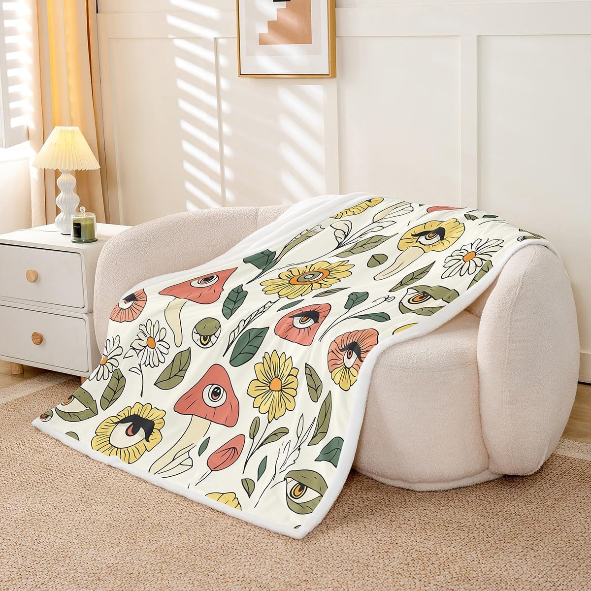 Cute Mushroom Sherpa Blanket Retro Boho Floral Throw Blanket Cartoon Trippy Hippie Flowers and Eyes Fuzzy Blanket Soft Decor Abstract Nature Plants Plush Blanket for Sofa Bed Couch 40x50 Inch