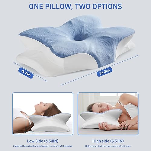 Miniatura 6 de Gooo&Ma Almohada cervical de apoyo para el cuello para aliviar el dolor, espuma viscoelástica ortopédica (azul)