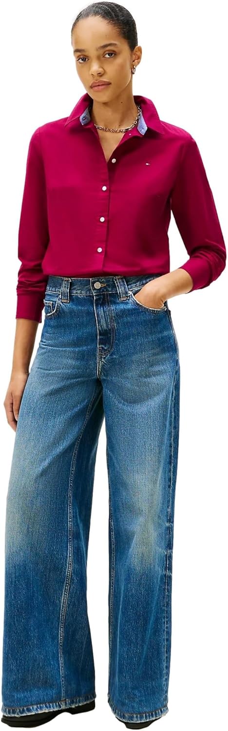 Tommy Hilfiger Womens Solid Button Collared Shirt with Adjustable Sleeves - Image 3