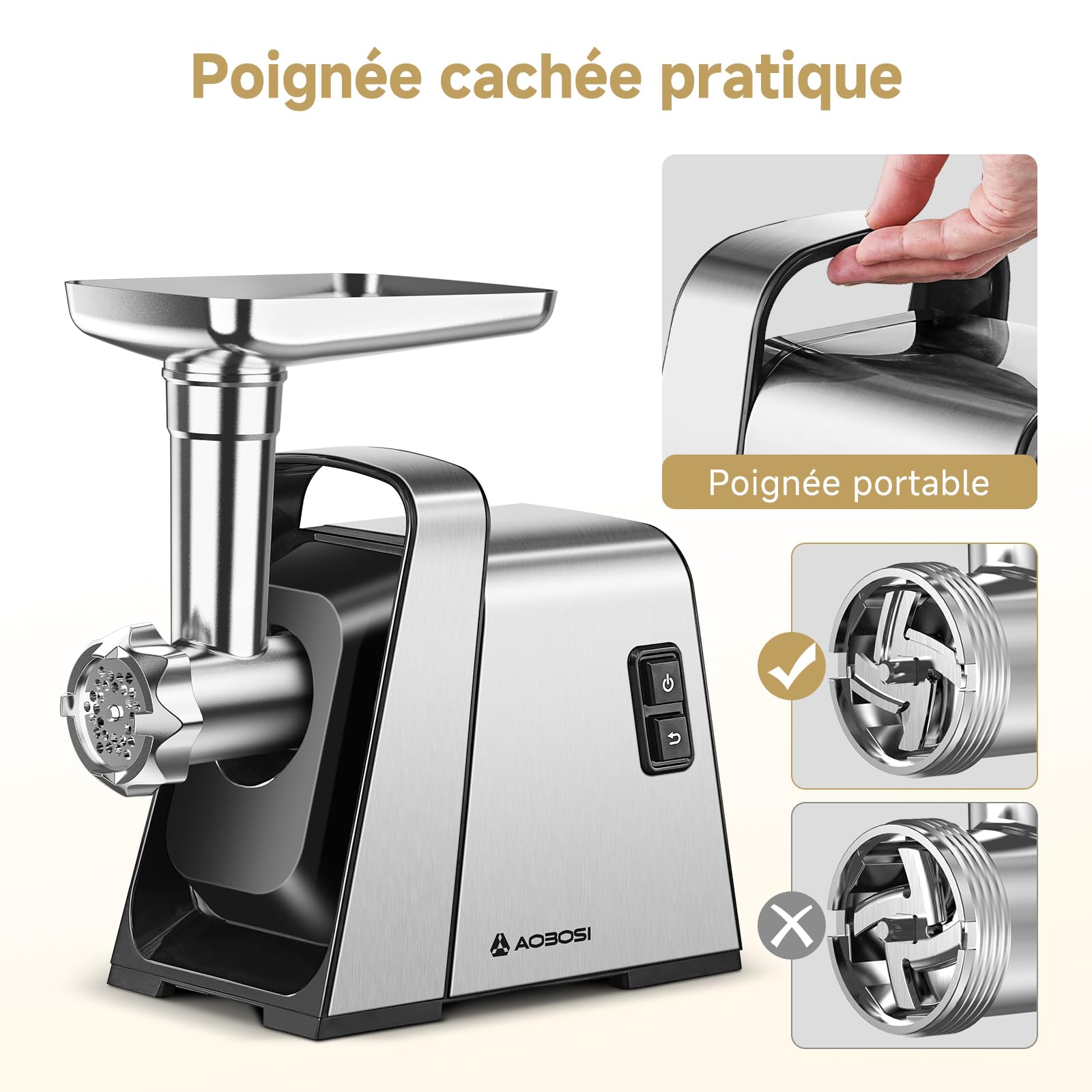 Hachoir a viande AOBOSI 3-en-1 Hachoir à viande électrique avec 3 plaques de coupe en inox, 1 Kubbe et 1 tubes de remplissage pour saucisses, moteur [3000w Max], Hachoir avec 2 lames.