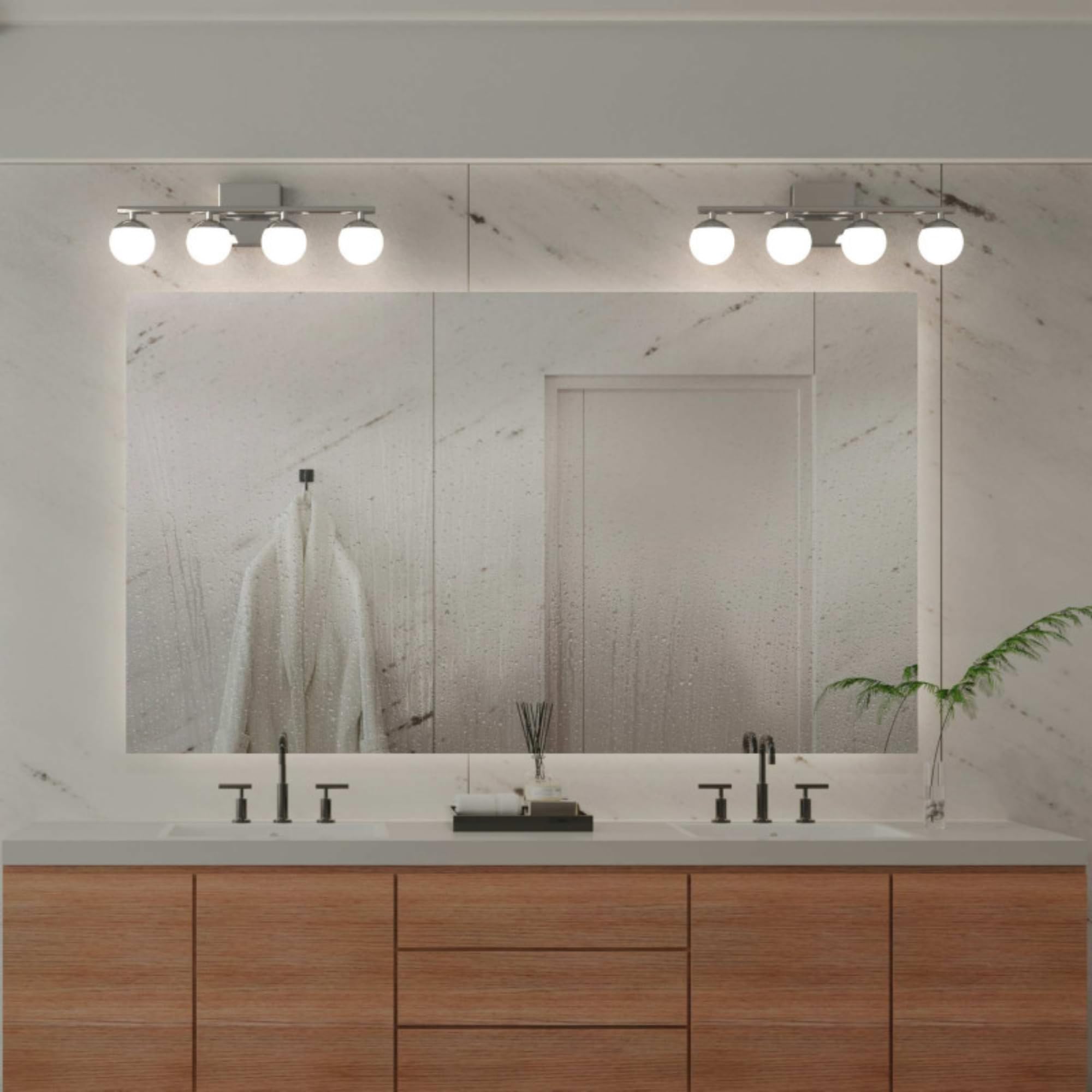 BARCELONA LED Aplique LED para baño Cromado 12W IP44 con 4 esferas difusoras. Luz blanca neutra 4000K. Barra de 49 cm. Lámpara de pared para Baño, illuminación moderna y funcional para espejo y lavabo
