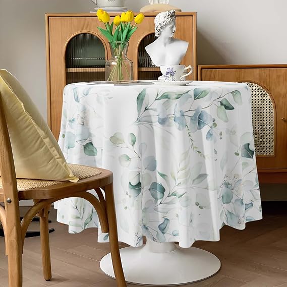JoyPlus Sage Green Eucalyptus Leaves Tablecloth Waterproof Fabric,Rectangle Watercolor Oil-Proof Wrinkle Resistant Table Cover for Dining Table, Buffet Parties and Camping, Mint Color(60