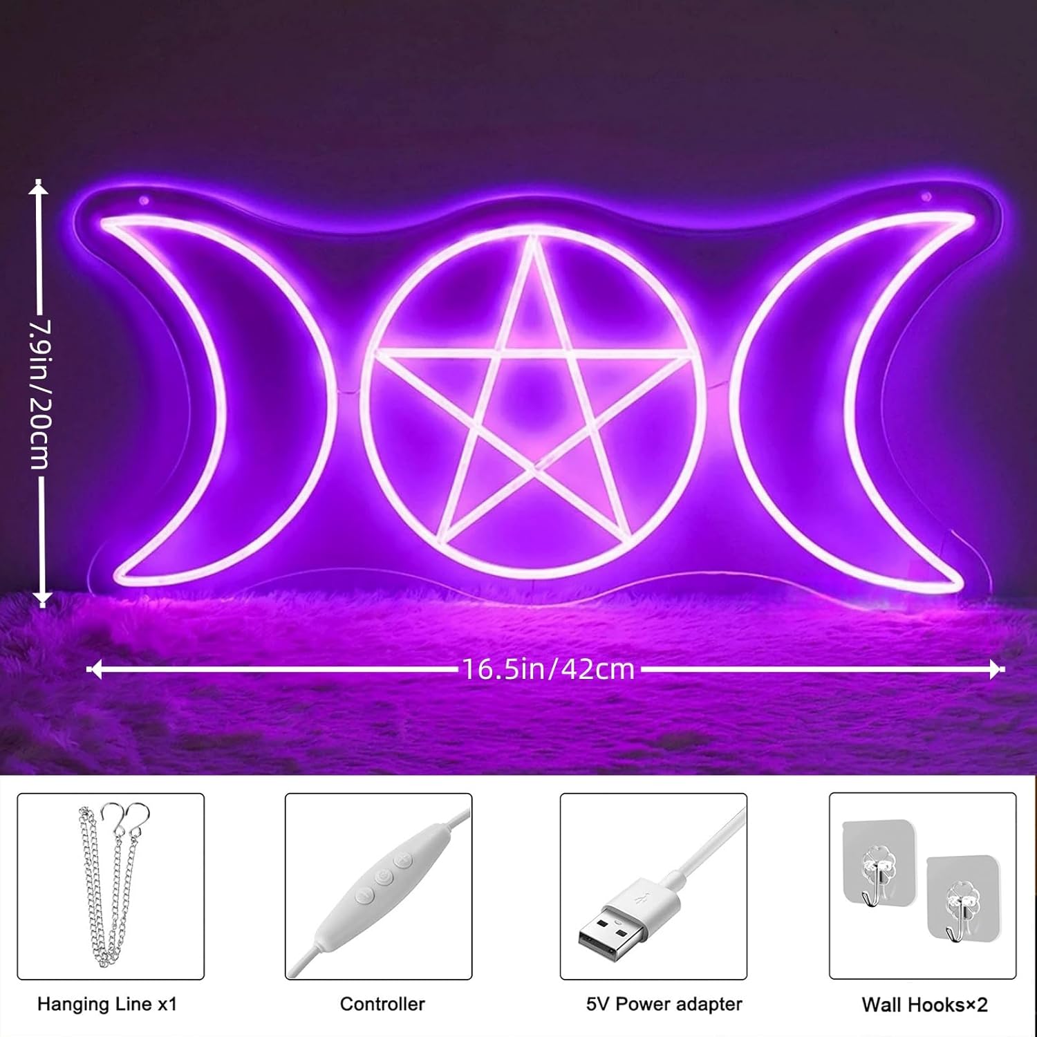Pentagram Triple Moon Neon Sign,Pentagram Moon Wall Hanging Light,Triple Goddess Wall Sign Decor,Wiccan Neopagan Witch Decor,Wiccan Gift, 16.5"x7.9"