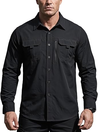 Mens Long Sleeve Tactical Shirts Military Work Fishing Shirts Button Down Breathable Outdoor Hiking Shirt