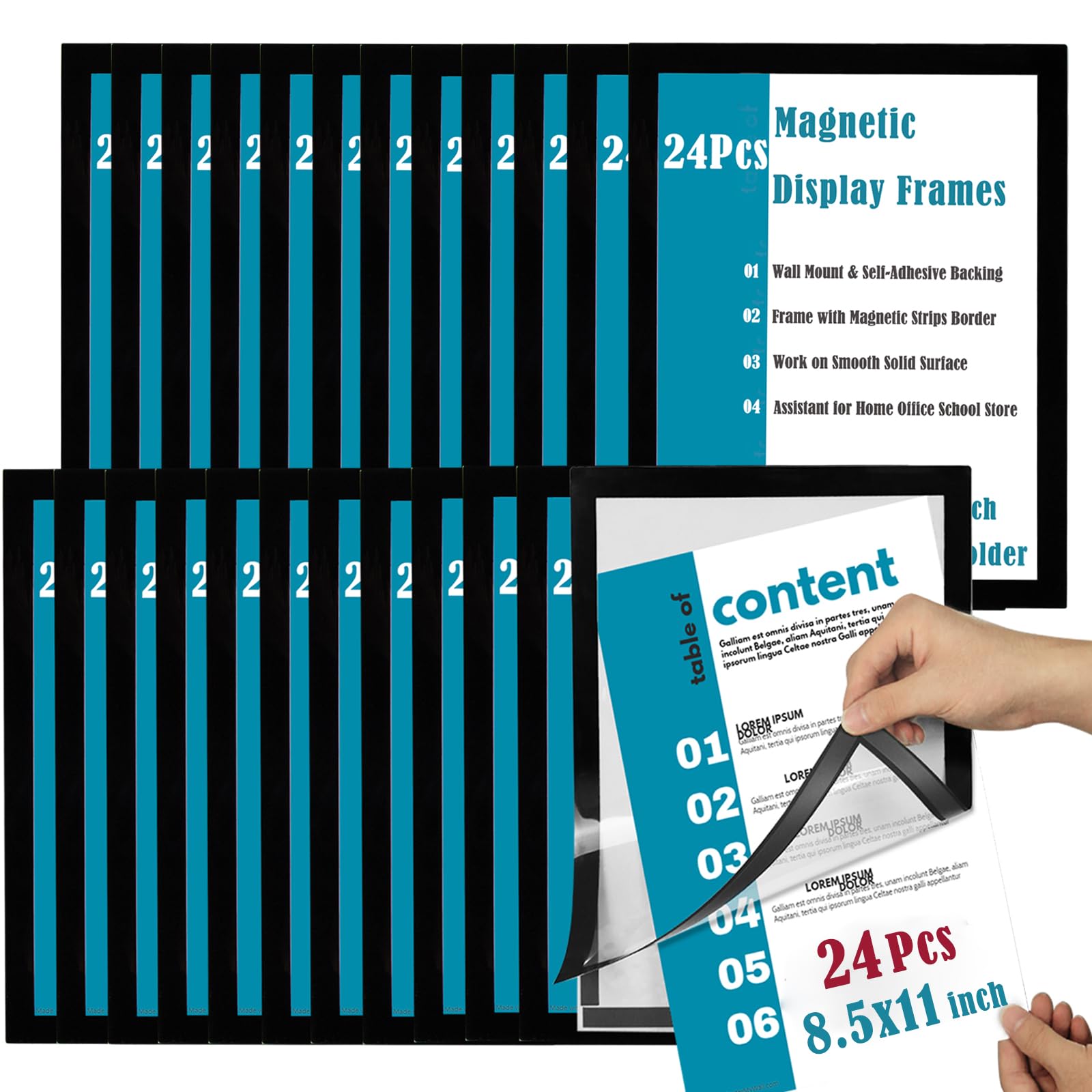 JIUYE 8.5x11 Magnetic Sign Holder Wall Mount,Self-Adhesive Plastic Display Frames,Clear PVC Sign Holder with Magnet Strip Border for Window/Door/Fridge/Document Notice Paper(24Pcs,Black)