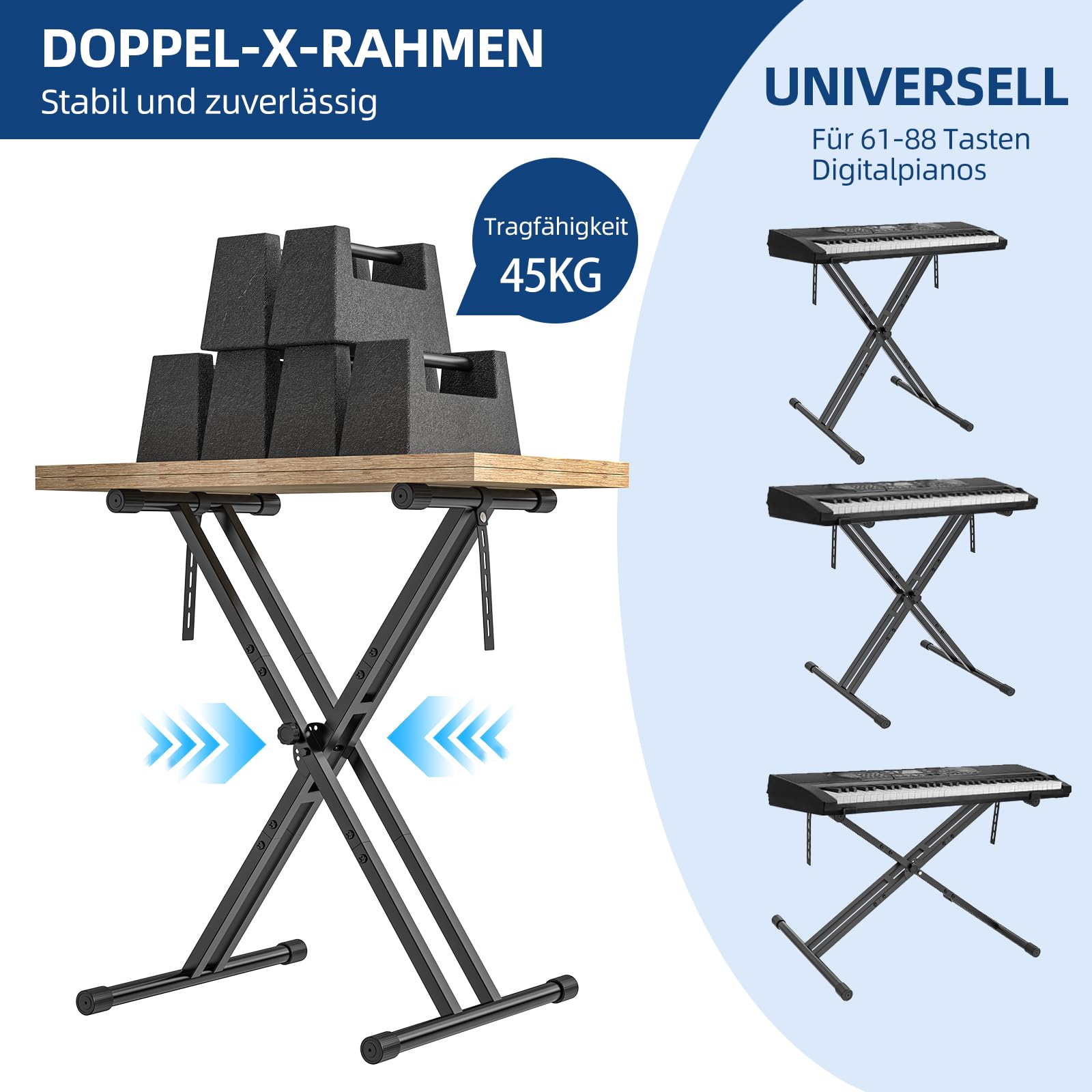 GLEAM Keyboardständer für E-Pianos - Robuster Doppel-X-Stil mit Verriegelungsgurten, passt für 54-88 Tasten E-Pianos, DJ-Mixer, Turntables, Synths und MIDI-Keyboards. Tragfähigkeit 45 kg