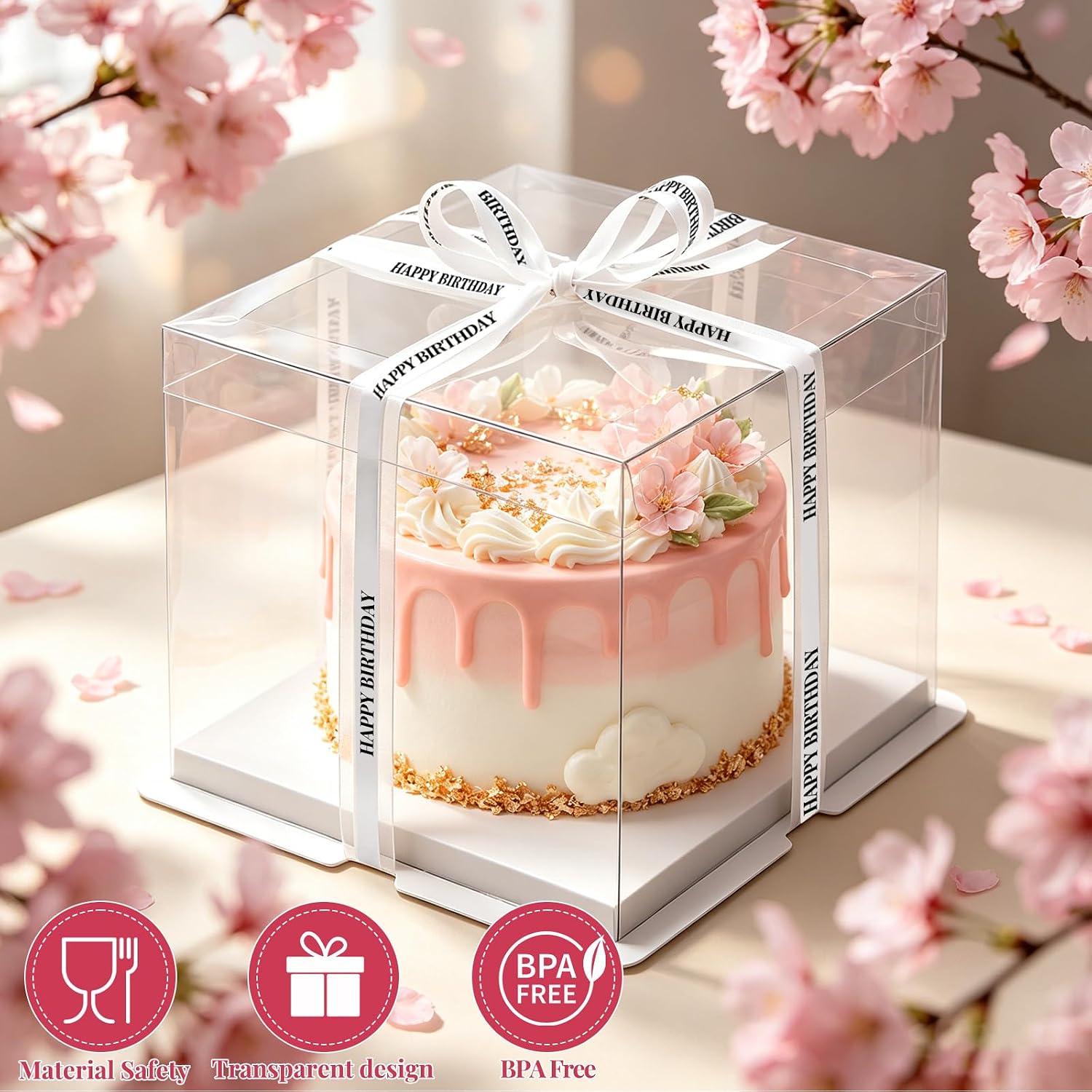 6 Pack Clear Cake Box with Ribbon, 8 x 8 x 9 Inch Transparent Cake Carrier Transport Container, PET Bakery Take Out Transport Containers for Birthday, Holiday, Wedding, Party