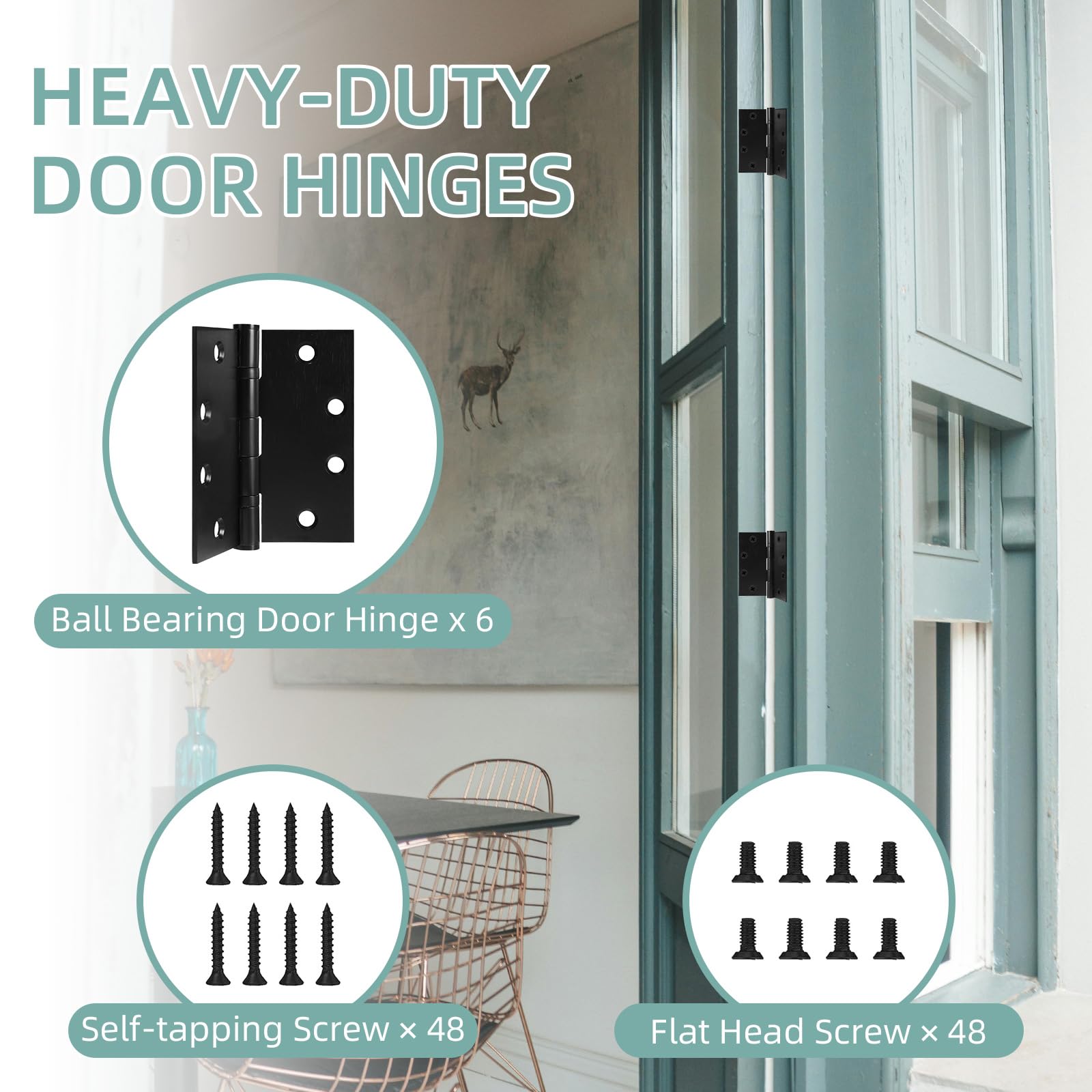 Paquete de 6 bisagras de puerta de 4.5 x 4.5 pulgadas, bisagras de acero inoxidable resistentes con rodamientos de bolas con esquinas cuadradas, color negro