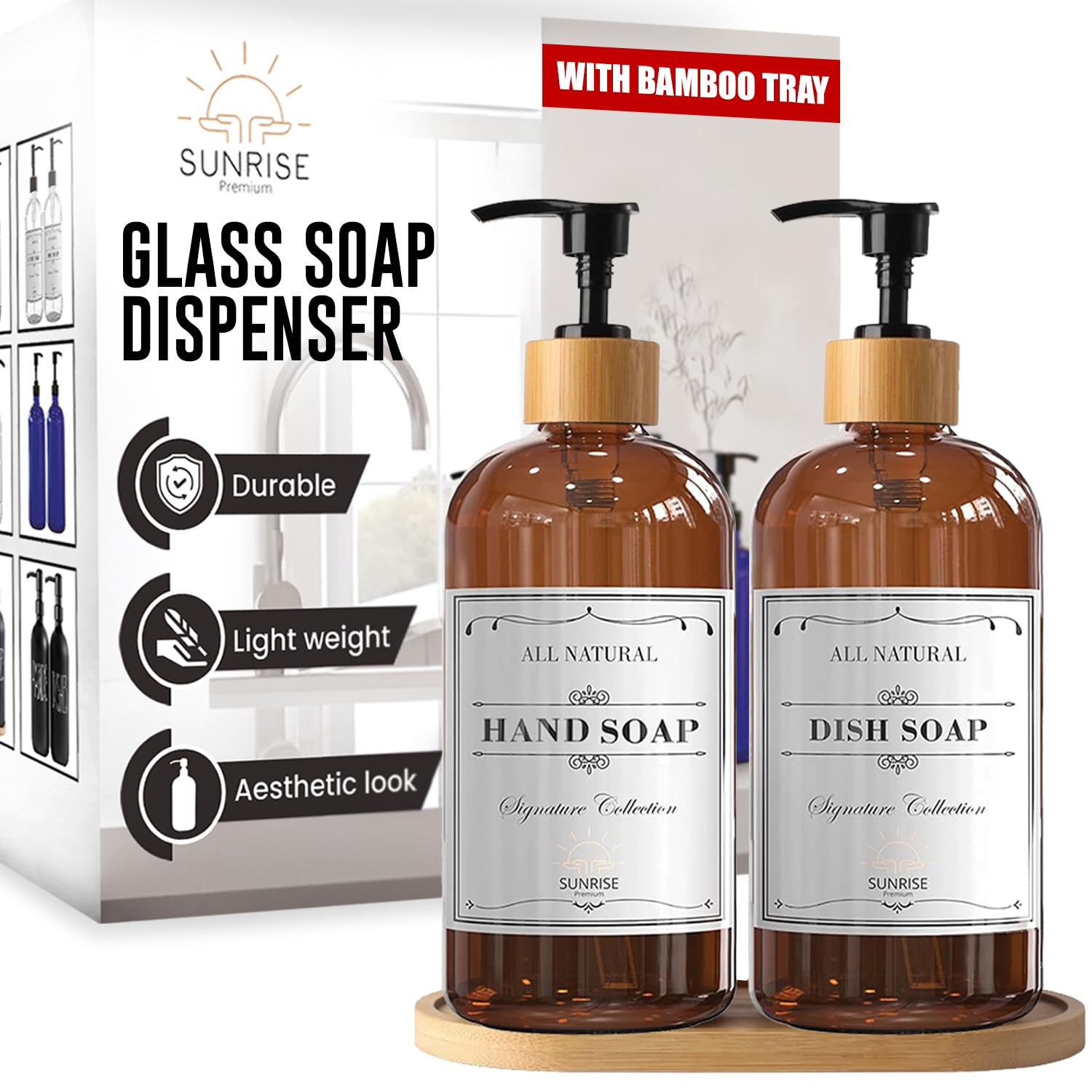 Sunrise Premium Amber Glass Soap Dispenser, Bamboo Pump with Tray, 2 Pack