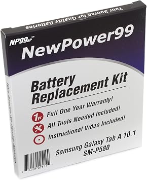 Battery Kit for Samsung Galaxy Tab A 10.1 SM-P580 with Tools, Video Instructions, Long Life Battery from NewPower99