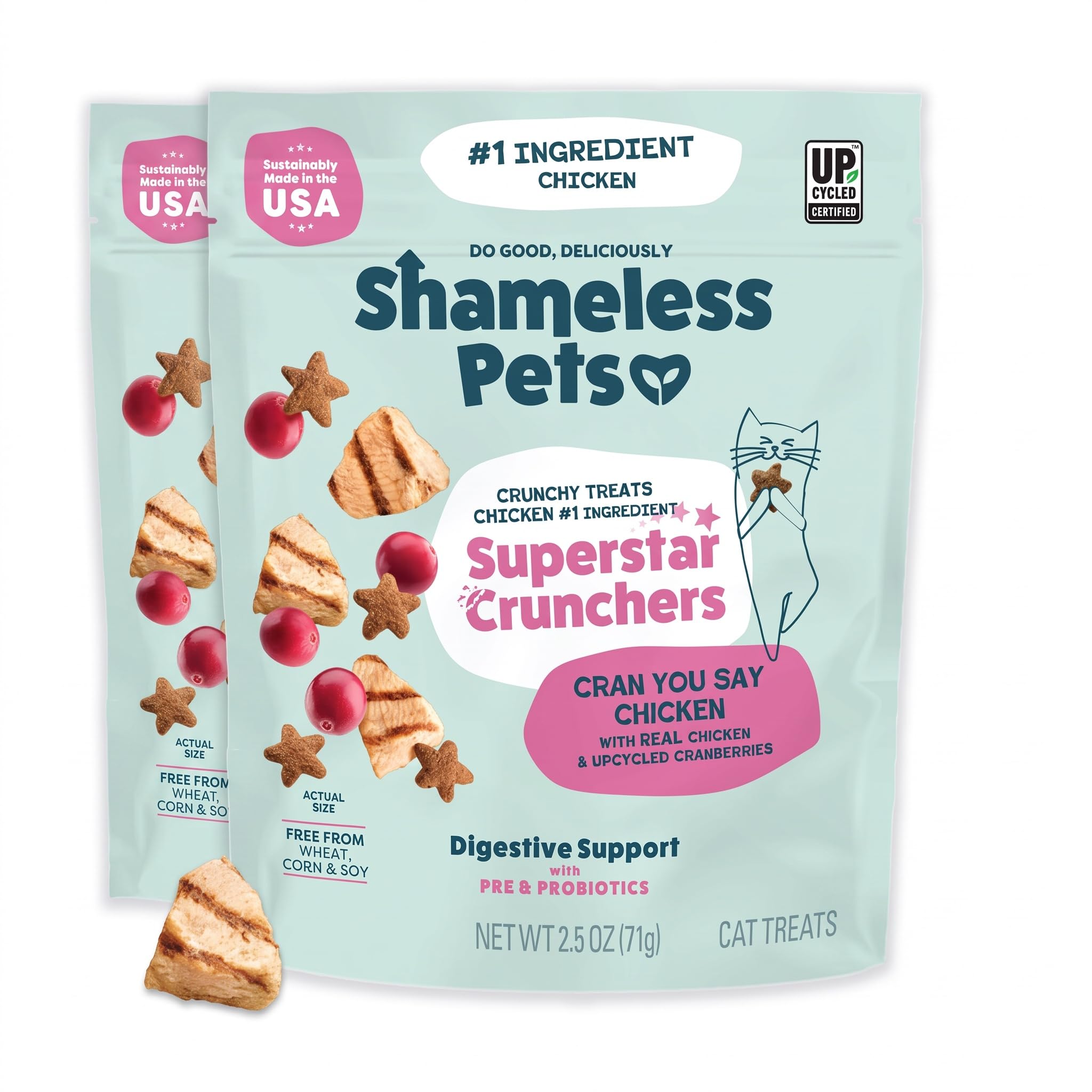 Shameless Pets Crunchy Cat, Natural Kitty Treats for Cats with Digestive Support with Real Chicken, Healthy Flavored Feline Snacks - Cran You Say Chicken (Pack of 2)