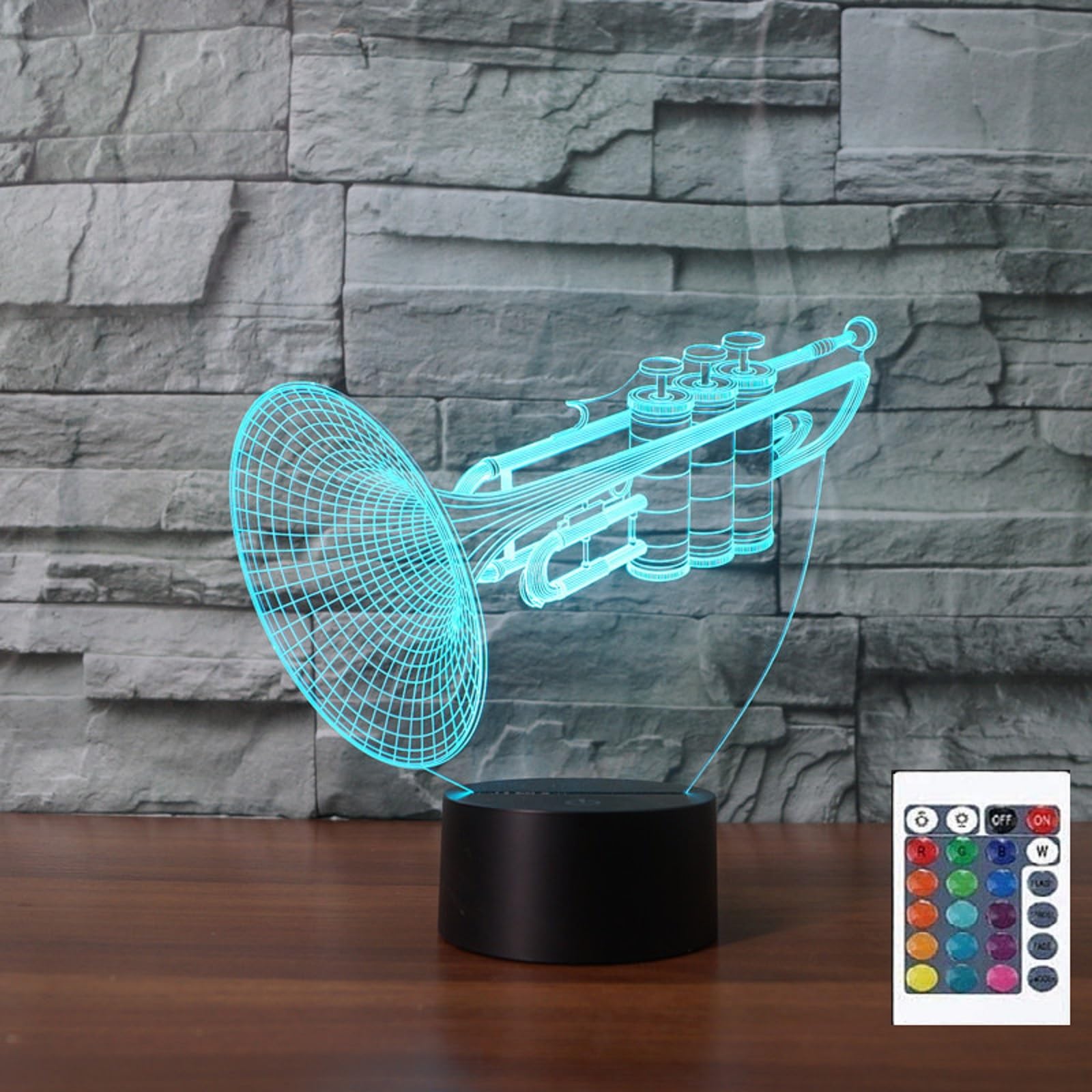 FLRXHK Trumpet 3D Illusion Night Light Touch Table Desk Lamp with Remote Control 16 Colors Optical USB LED Night Light for Kids Gift Room Decoration