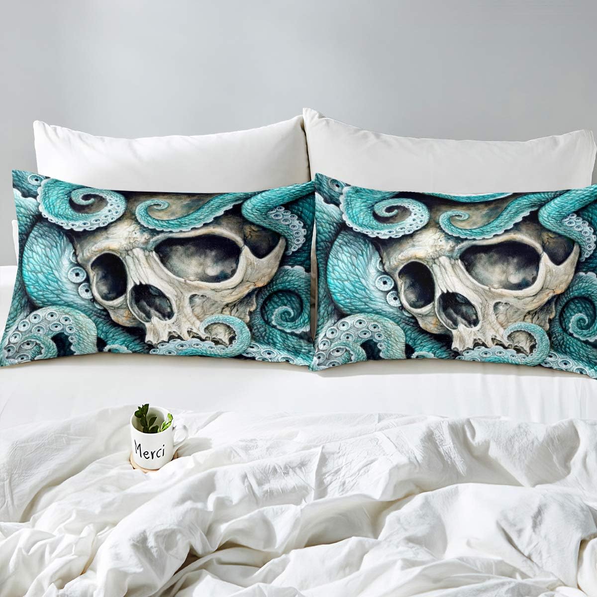Loussiesd Skull Duvet Cover Set Single Size for Adults Boys 3D Print Octopus Bedding Set Blue Decorative Horror Microfiber Polyester Comforter Cover with 1 Pillow Shams - Image 3