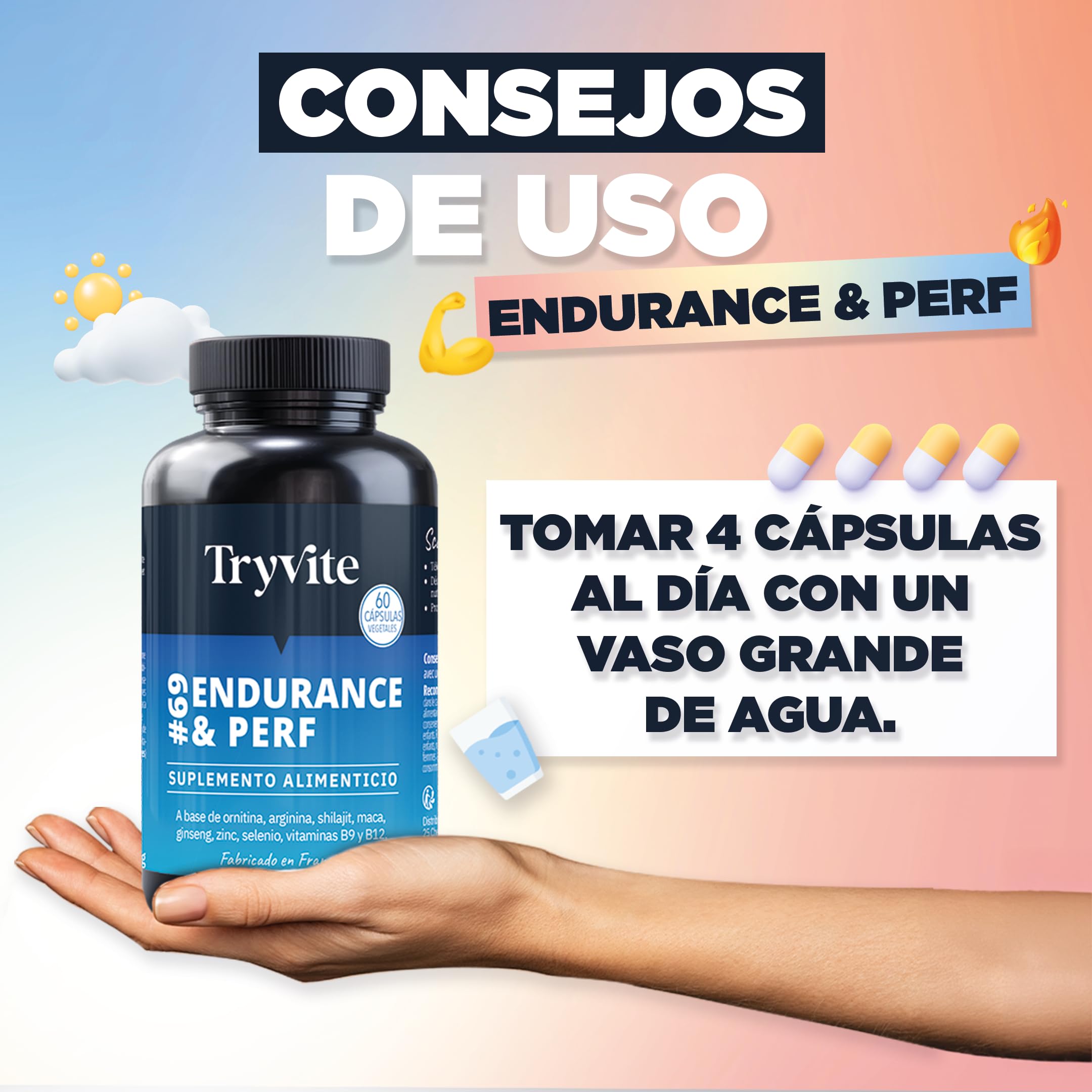 TESTOSTERONA HOMBRE | 60 Cápsulas Para Circulación Sanguínea | Booster de Fuerza Resistencia Energía | Ginseng, Maca, shilajit, Arginina, Citrulina, Zinc | TRYVITE ENDURANCE&PERF