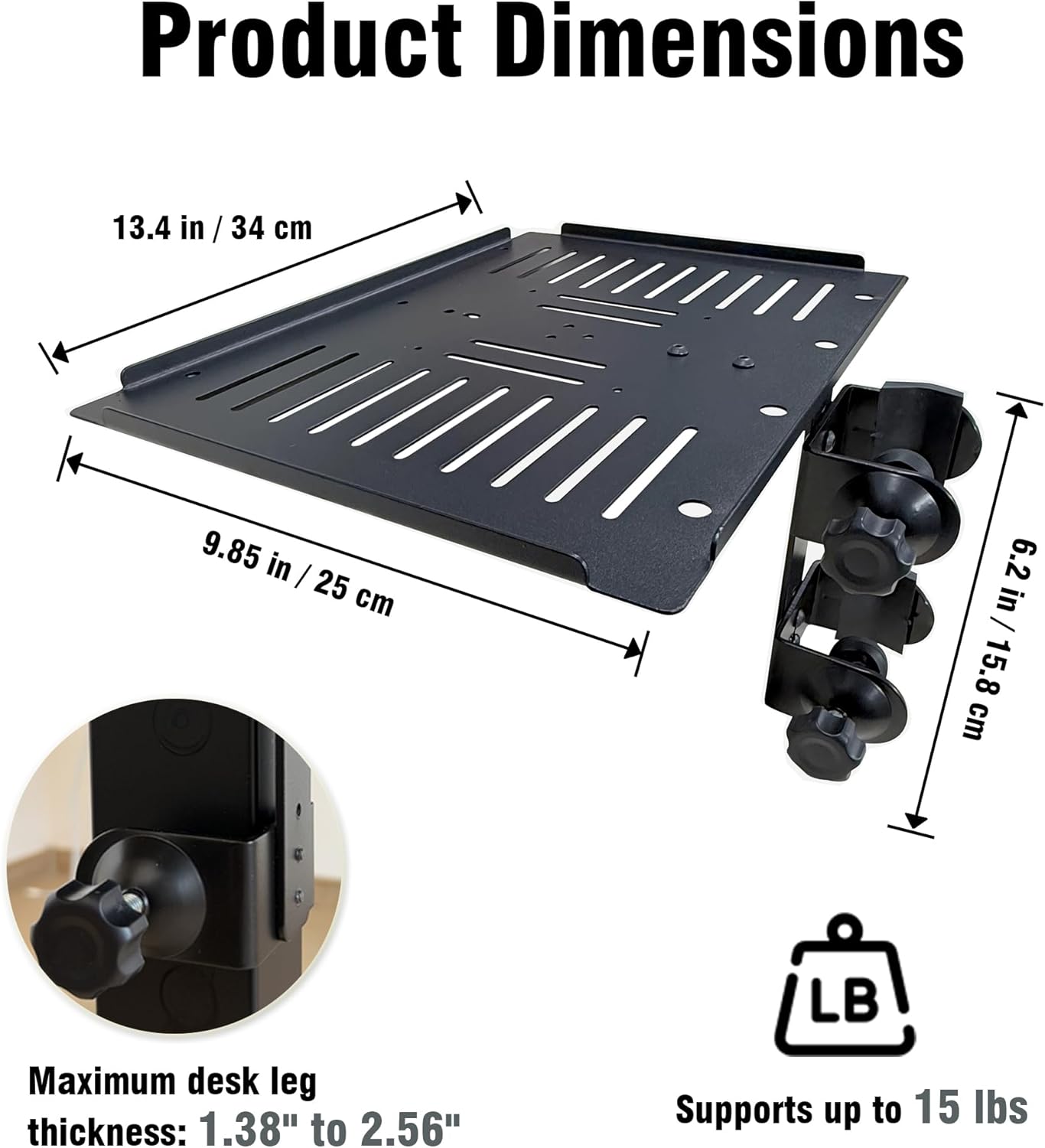 Dual-Clamp Desk Leg Shelf – 13.4" x 9.8" Under Shelf for Mobile TV Stand – Sturdy Clamp-on Storage Tray for Laptops, Consoles & Accessories – Metal Design for Desk & TV Stand Use