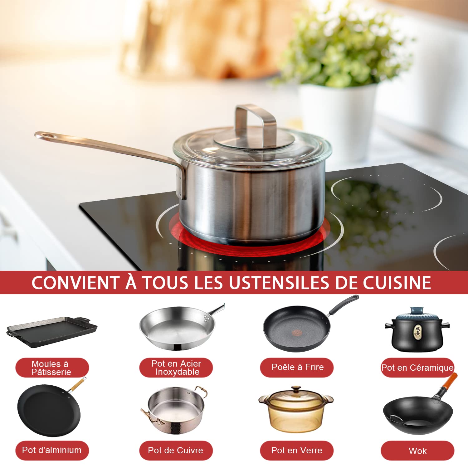 Hobsir Plaque Vitrocéramique 4 Feux, Plaque Cuisson électrique Encastrable 60cm, 6600W, Table de Cuisson avec Zones Ovale et Double Flexibles, Contrôle Tactile, Minuterie, Sans Prise, 240V