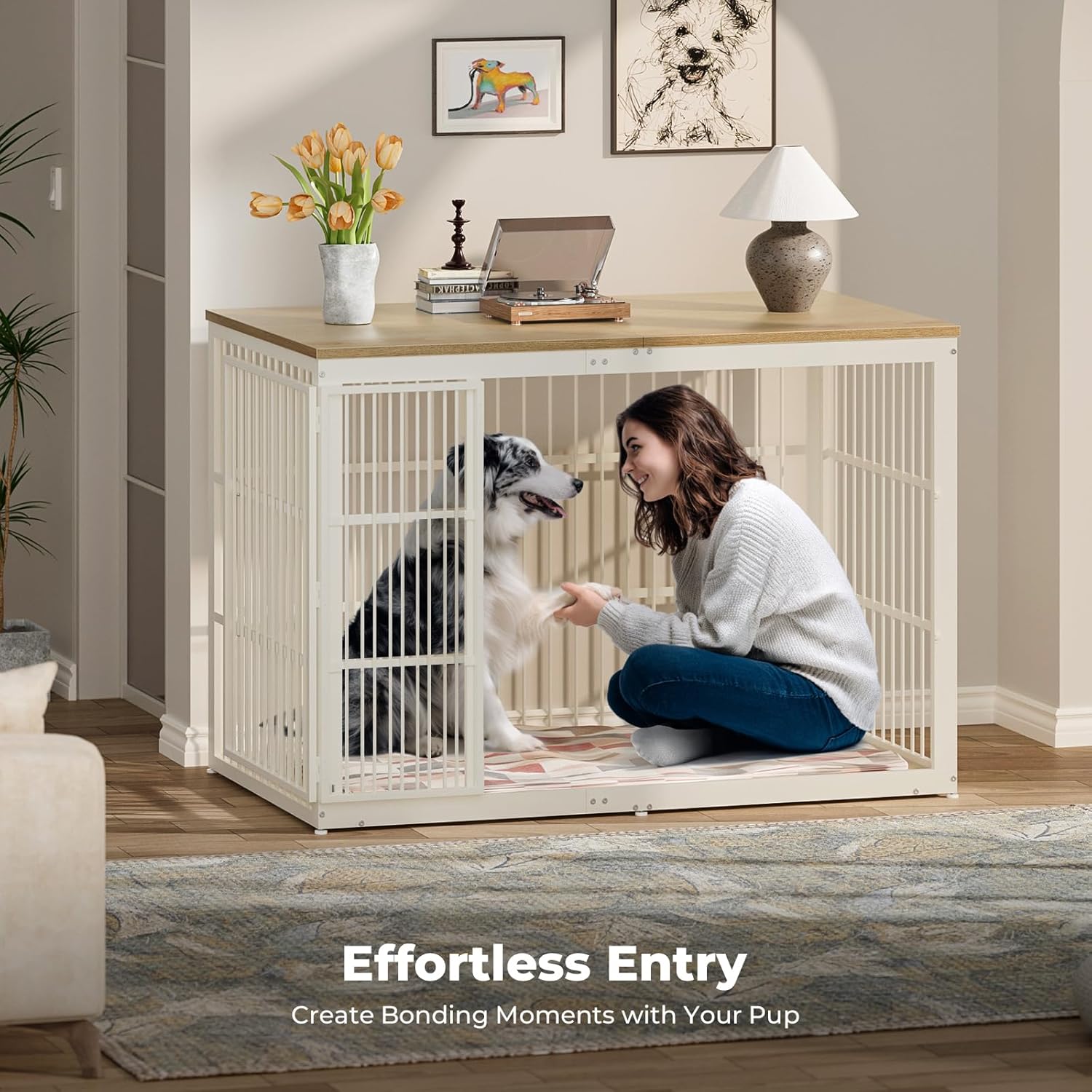 A person kneeling to interact with a dog inside the Lyromix dog crate, demonstrating effortless entry.