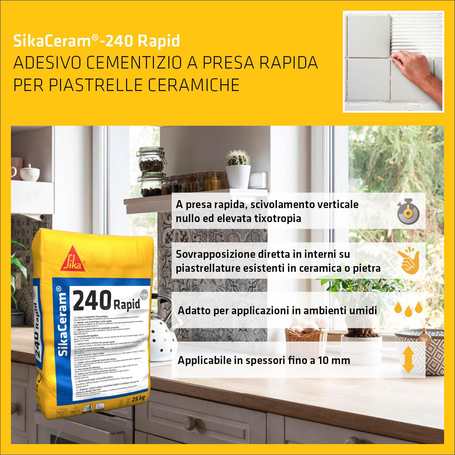 SIKA - Colla per piastrelle - SikaCeram-240 Rapid - Grigio - 25kg | Presa rapida - Per formati piccoli e medi - Posa a parete e pavimento - Ideale per ristrutturazioni rapide