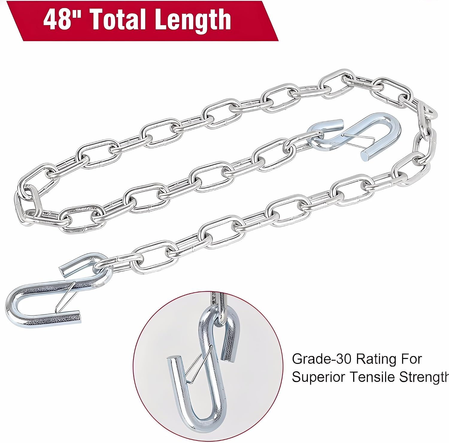 3PCS Trailer Safety Chains 3/16 x 48 Inch Grade 30 Zinc Plated Steel with Heavy Duty S Hooks | Trailer Hitch Safety Replacement Chain Kit for Camper, Utility, Boat, ATV, RV, Truck Tow (3)