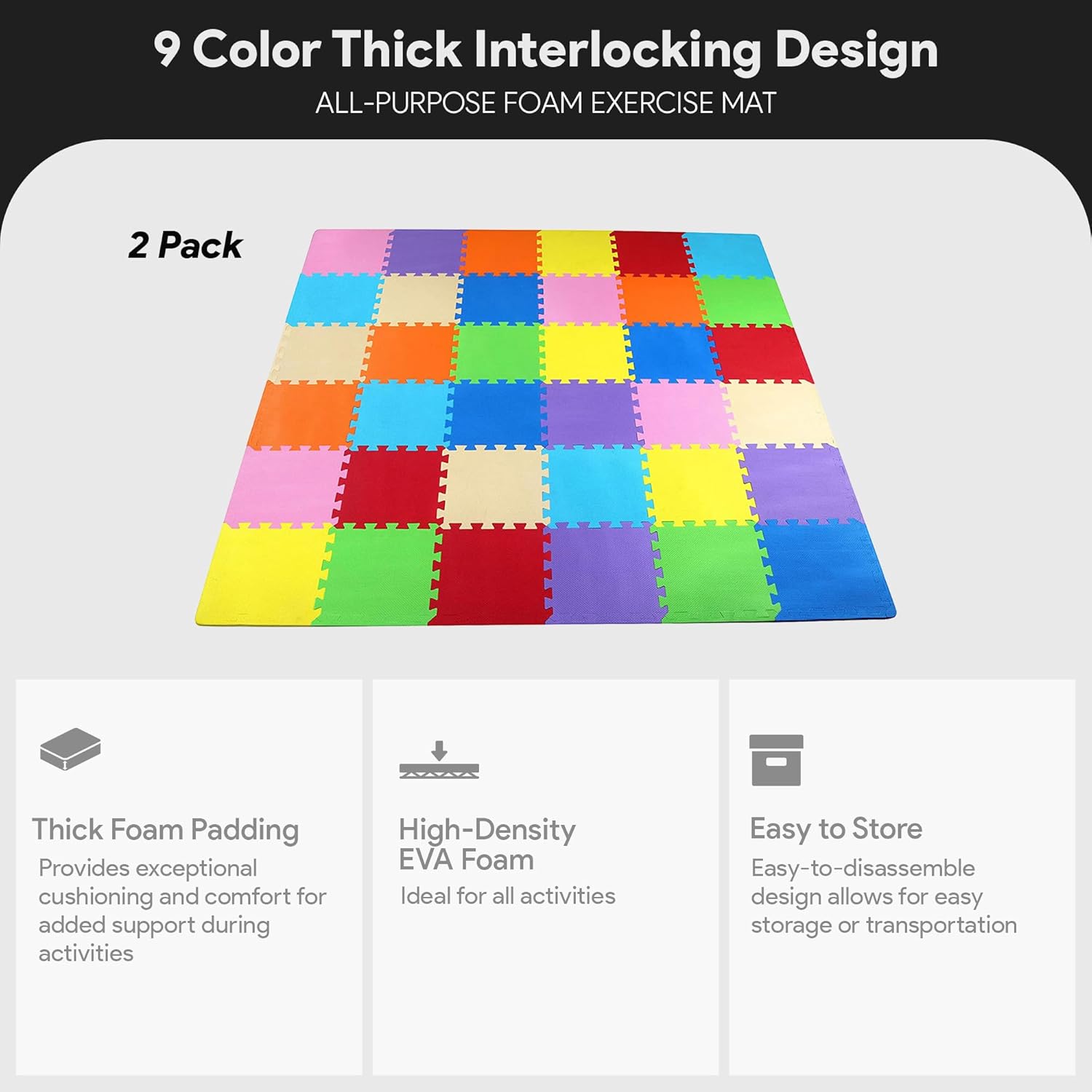 BalanceFrom 2-Pack 36-Count 12x12 Inches EVA Interlocking Foam Play Tile Mat, Multicolored – 0.4-Inch Thick Non-Slip Puzzle Flooring for 36 Square Feet in Playroom, Nursery, or Playpen at Home