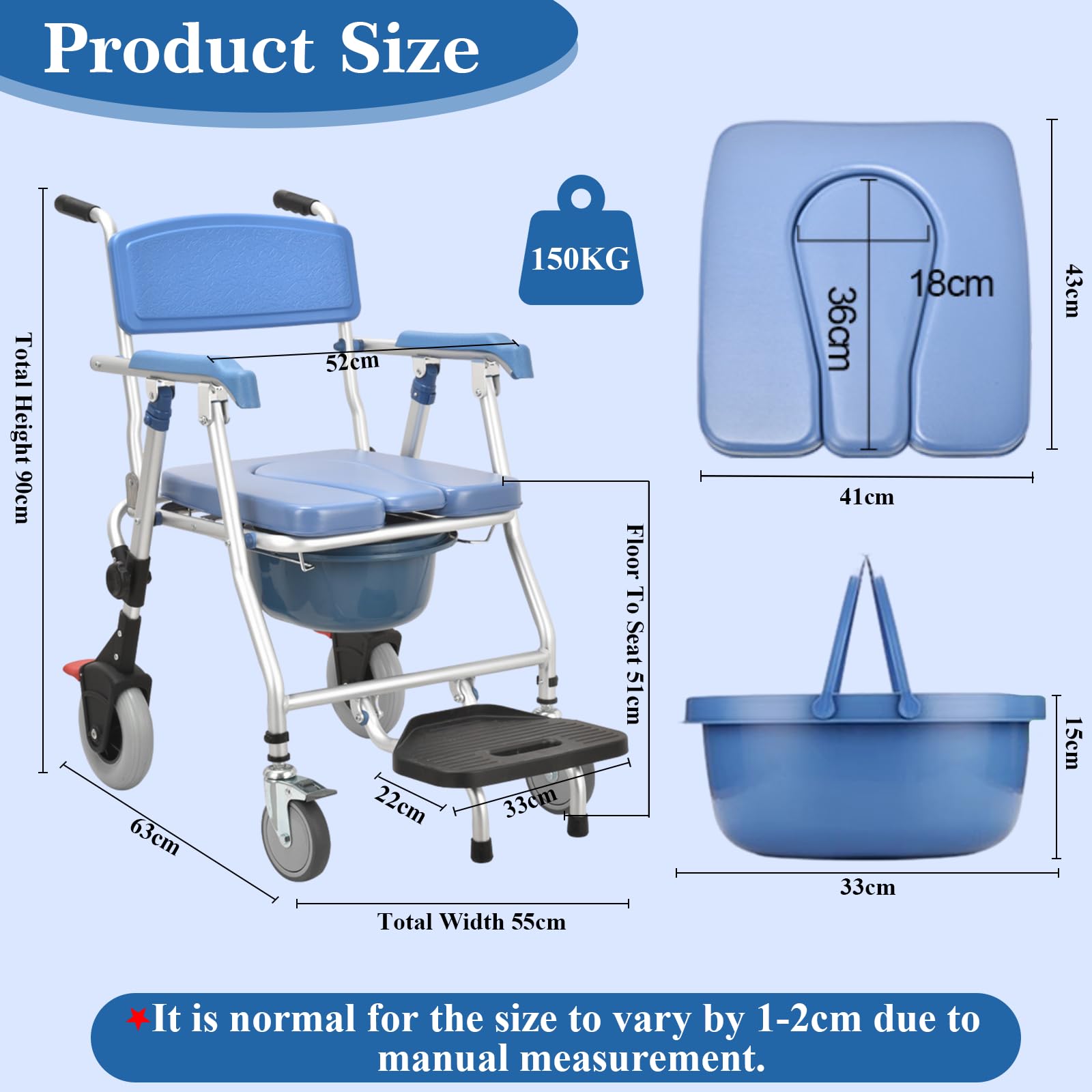 Sedia Comoda Pieghevole WC per Anziani con Rotelle, Sicura Sedia a Rotelle per Anziani con WC, Blu Sedia per Doccia Anziani Disabili Pieghevole con Morbido Cuscino