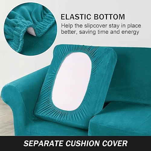 Miniatura 4 de Funda elástica para sofá, funda de terciopelo ultra suave, protector de muebles para mascotas y niños (azul turquesa, S)