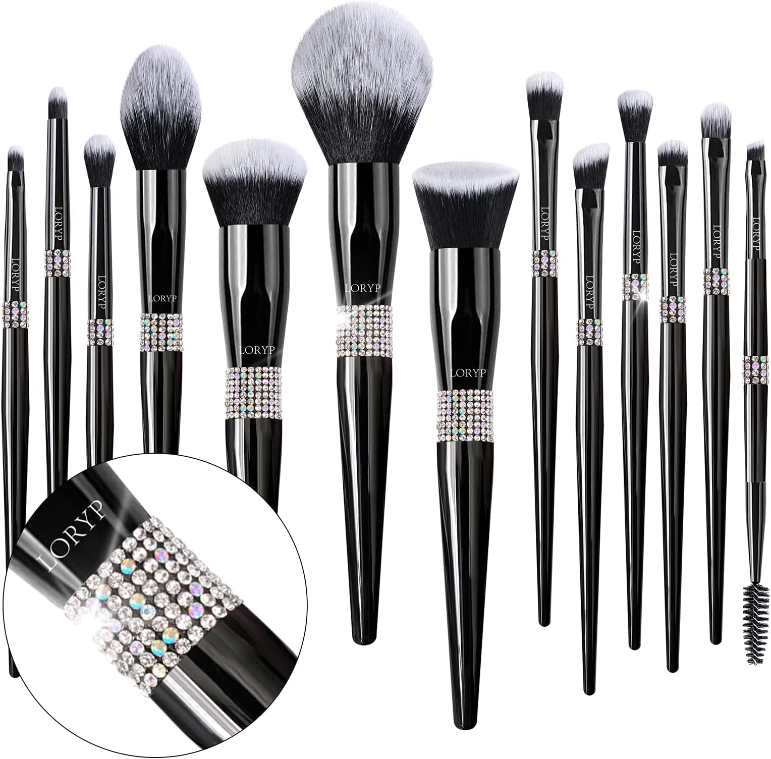 LORYPMakeup Brushes Set -13pcs Diamond Foundation Eye Shadows Eyeliner Brush Concealers Make Up Brush Set for Women (Crystal-Black)