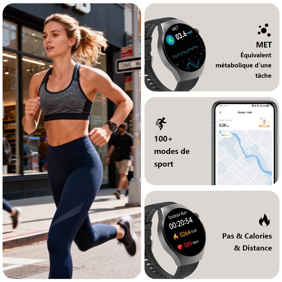 Montre Connectée Fitness Hommes Femmes ECG/Fréquence Cardiaque/Pression Artérielle/Calories/Moniteur Sommeil Tracker Activité 1,56 AMOLED Appels Bluetooth 14 Jours Autonomie