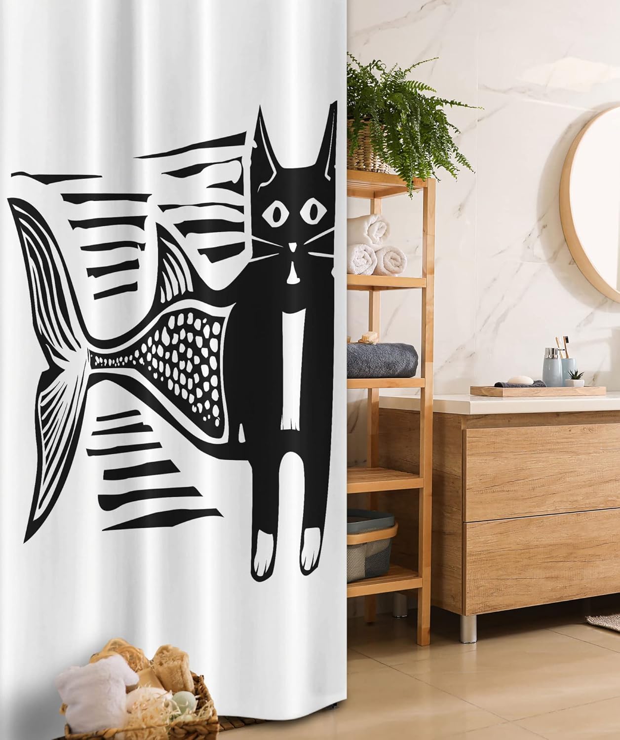 Ambesonne Underwater Stall Shower Curtain, Woodcut Style Image of a Catfish Mermaid Monochrome Comic Humorous Artwork, Fabric Bathroom Decor Set with Hooks, 36" W x 72" L, Black White