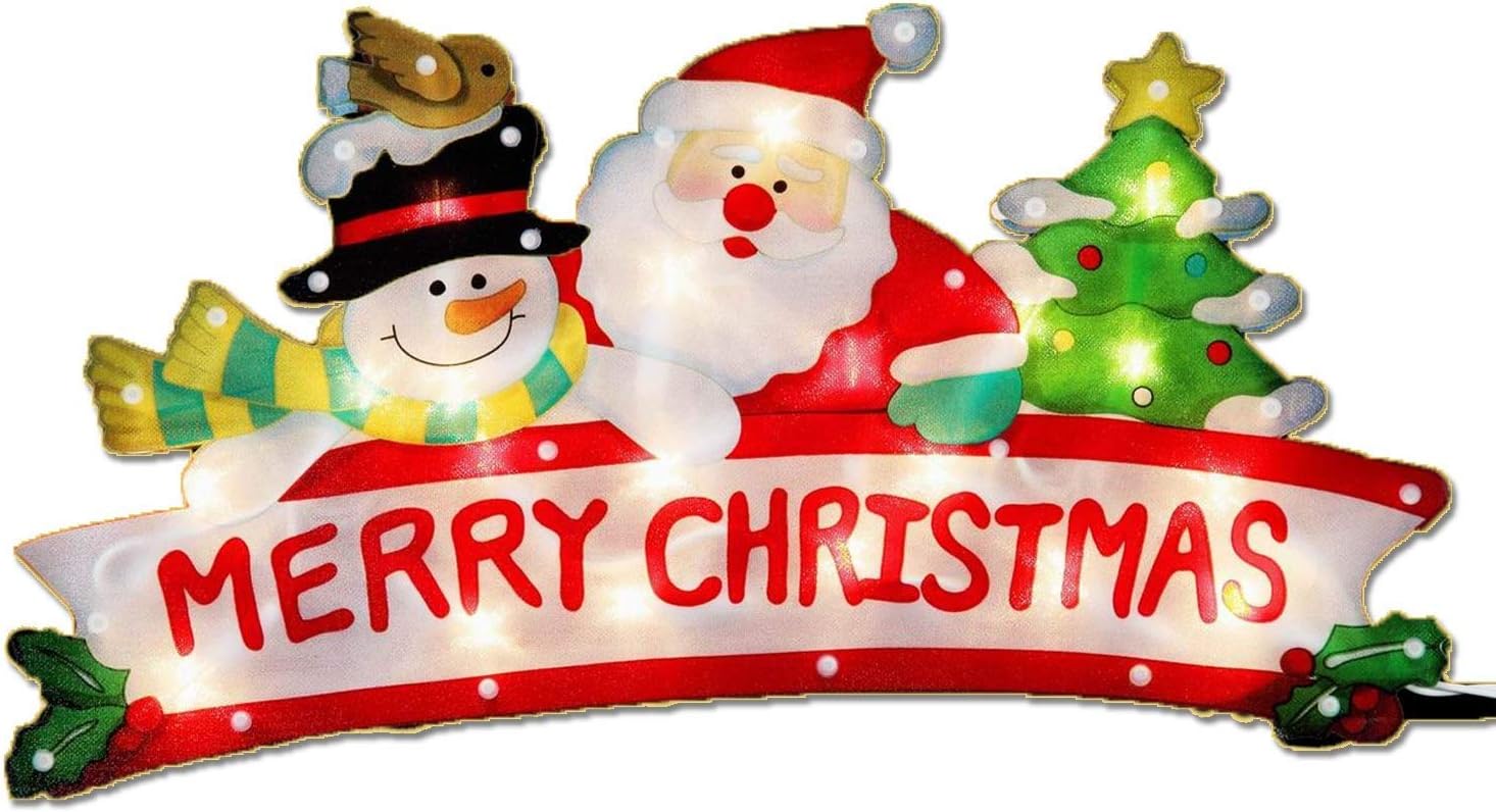 Christmas Window Decoration - Glitter Snowman Santa Merry Christmas Sign With 20 Lights Double Sided