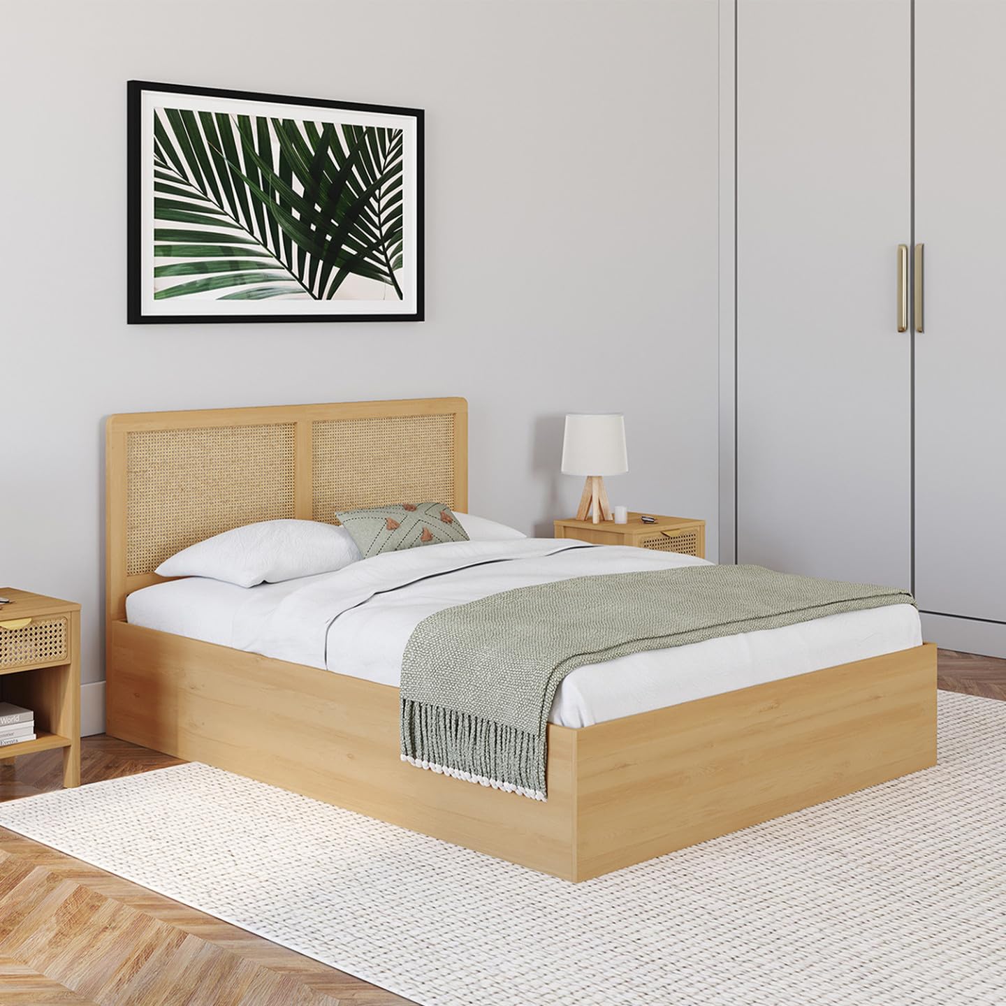 IDMarket - Cama de matrimonio EDHEN con cabecero de caña 140 x 190 cm color madera