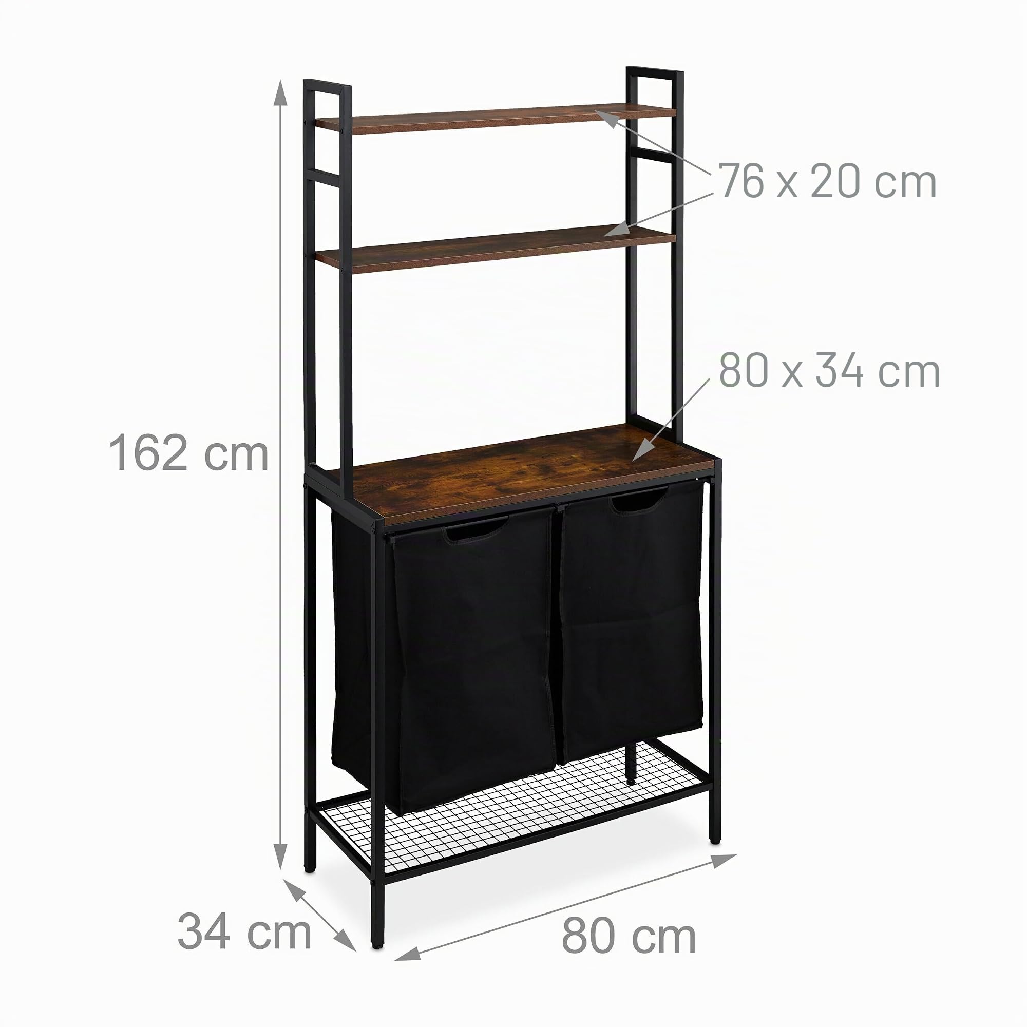 Relaxdays Scaffale Portabiancheria, 2 Scomparti Estraibili, 162x80x34 cm, Mobiletto da Bagno con Ripiani, Nero Marrone